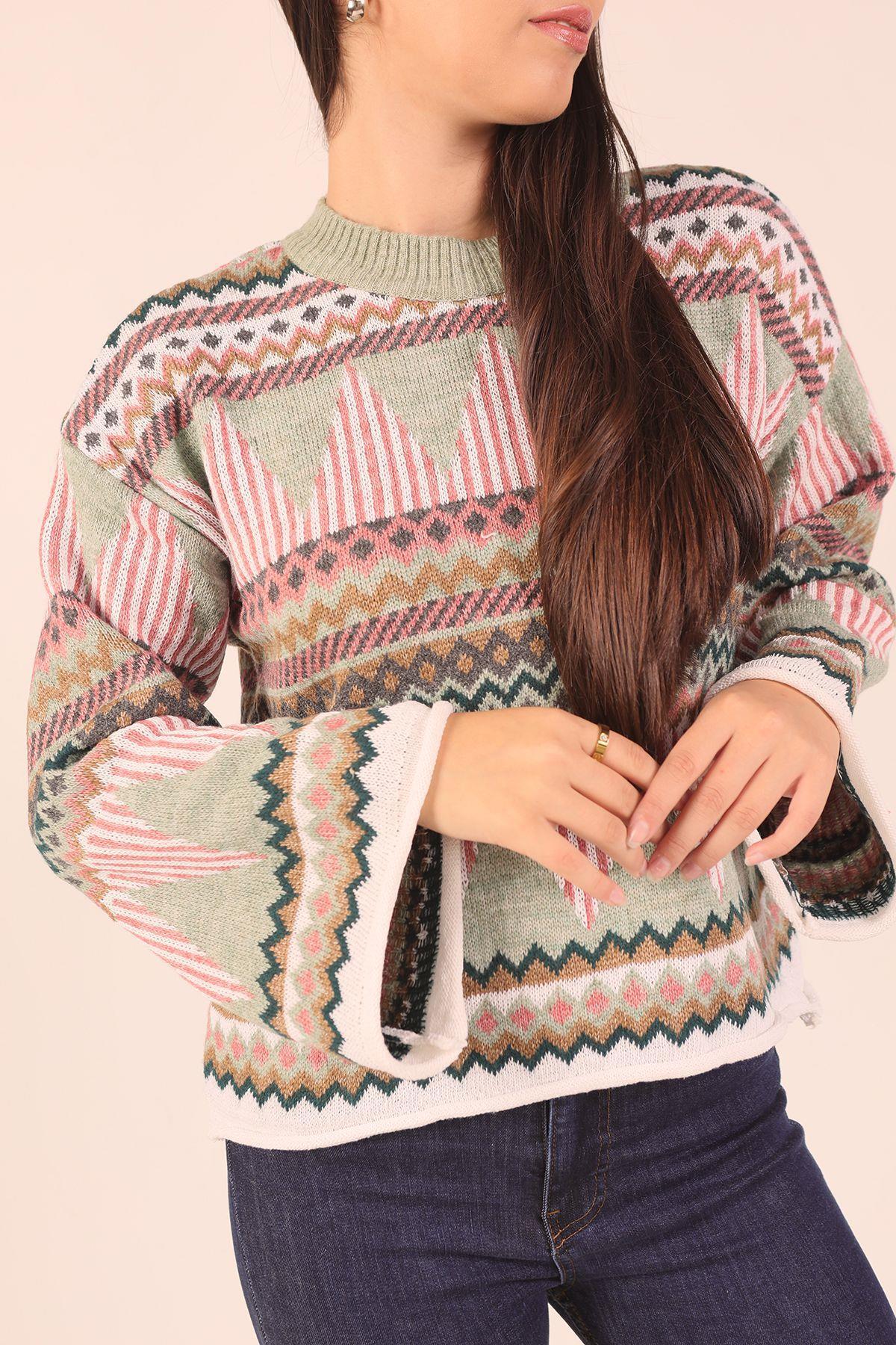 1509 İspanyol Kol Etnik Desen Kazak Çağla Yeşili - 5