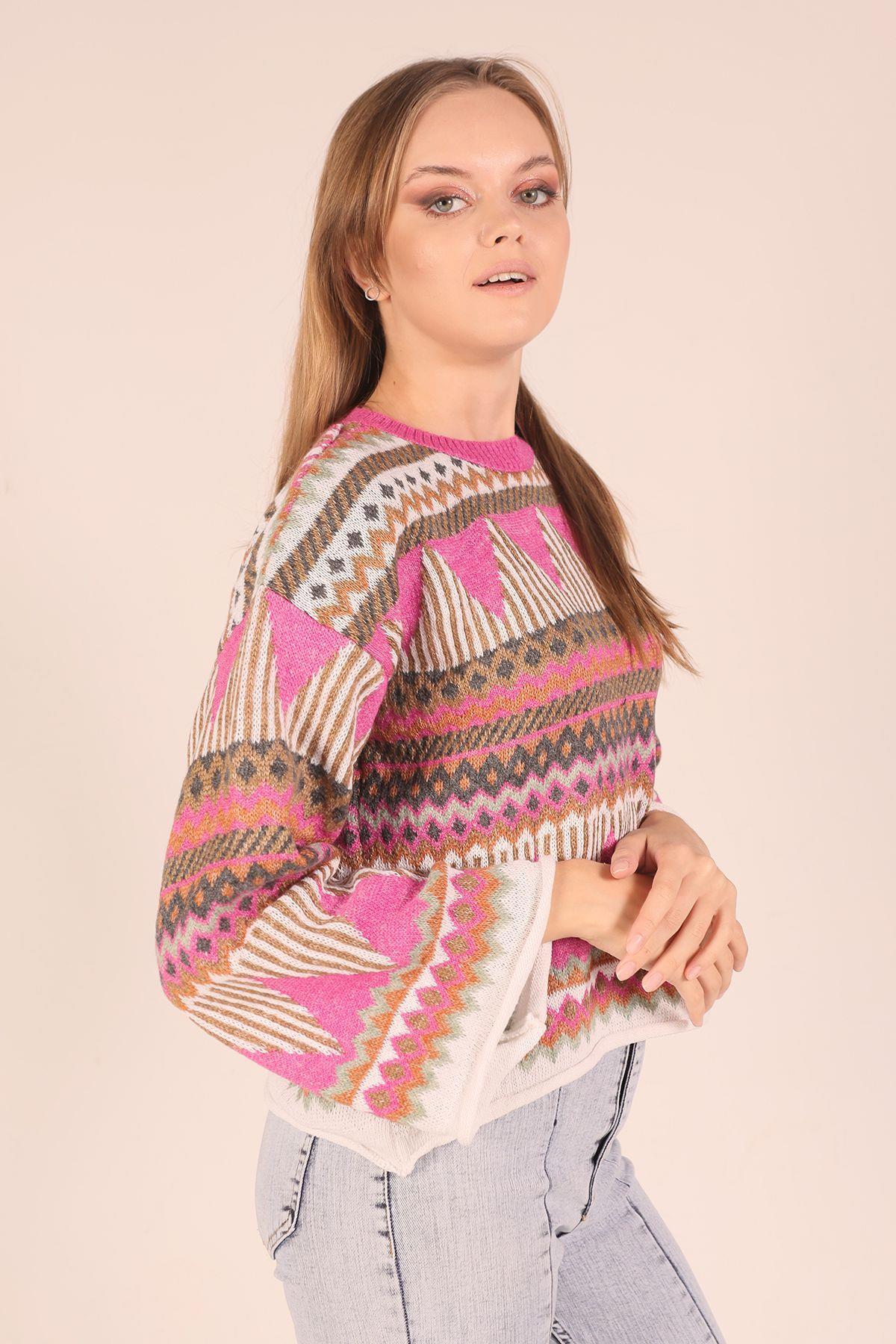 1509 İspanyol Kol Etnik Desen Kazak Fuşya - 1