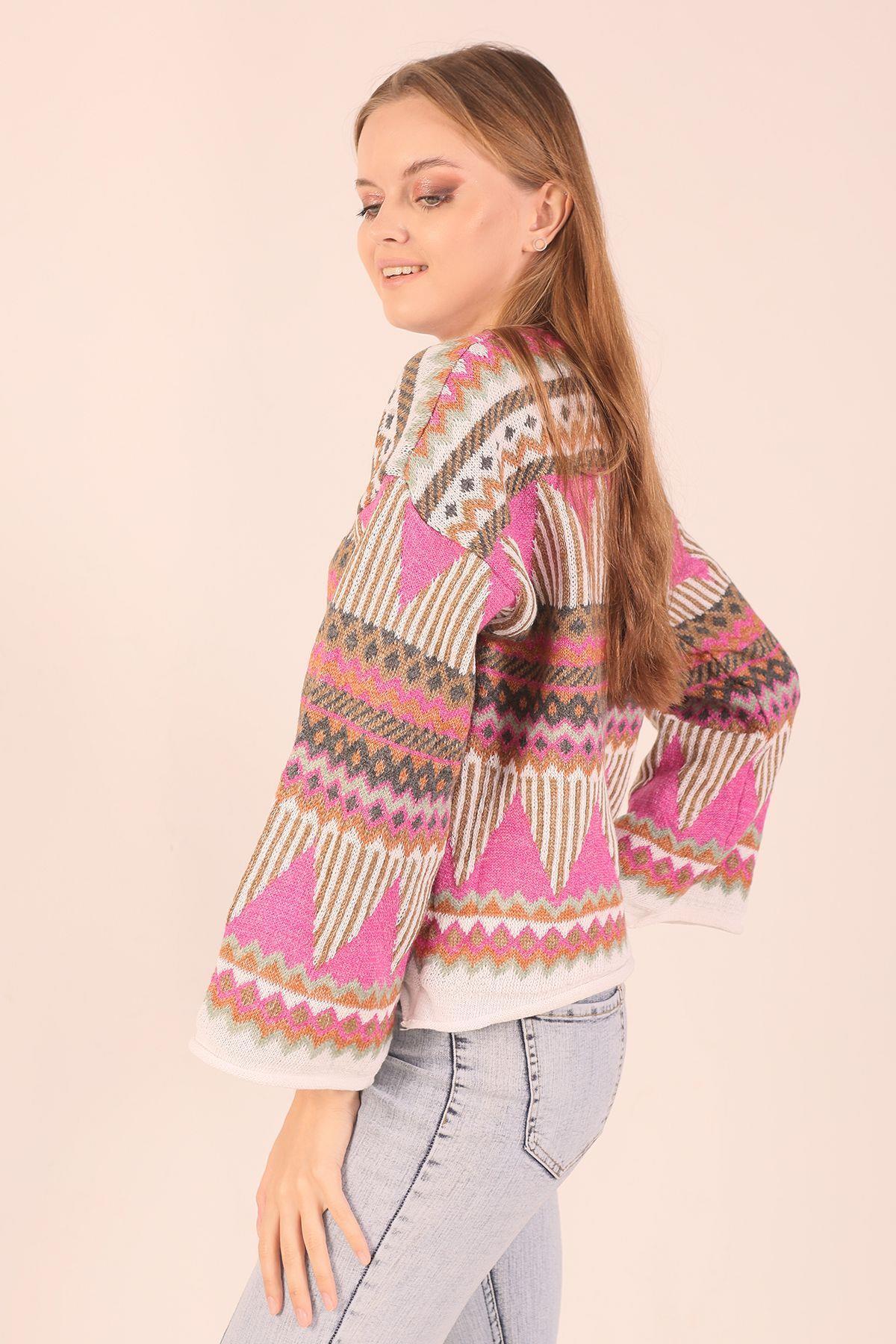 1509 İspanyol Kol Etnik Desen Kazak Fuşya - 5