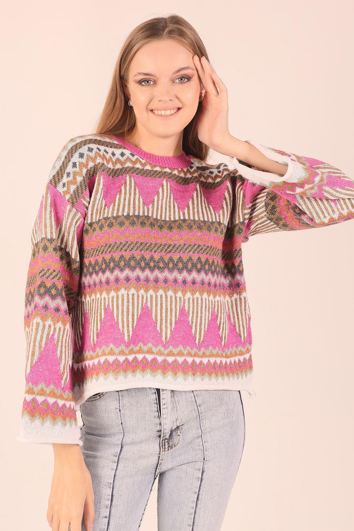 Fuşya İspanyol Kol Etnik Desen Kazak 1509 - 3