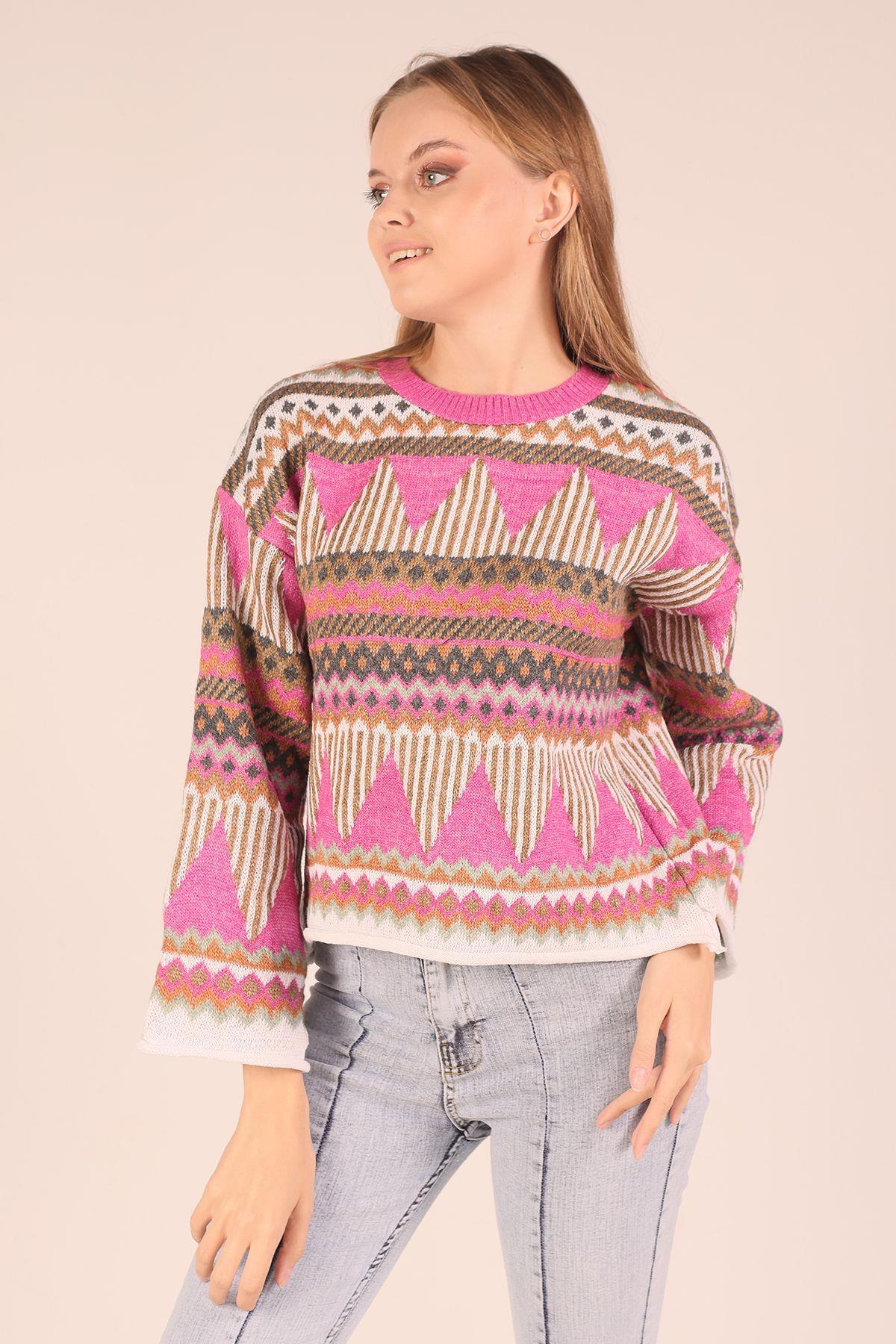 Fuşya İspanyol Kol Etnik Desen Kazak 1509 - 4