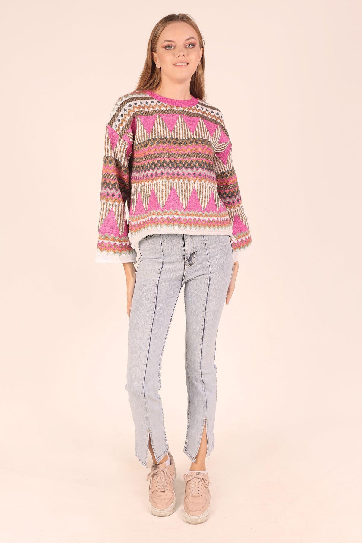 Fuşya İspanyol Kol Etnik Desen Kazak 1509 - 8