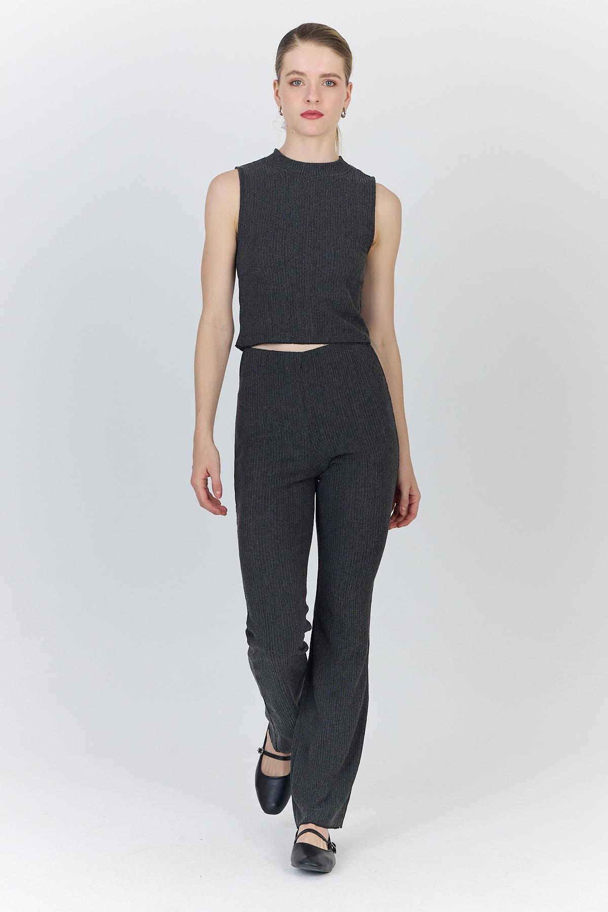 Antrasit Kolsuz Crop Üst ve İspanyol Paça Pantolon Takımı 1512 - 3