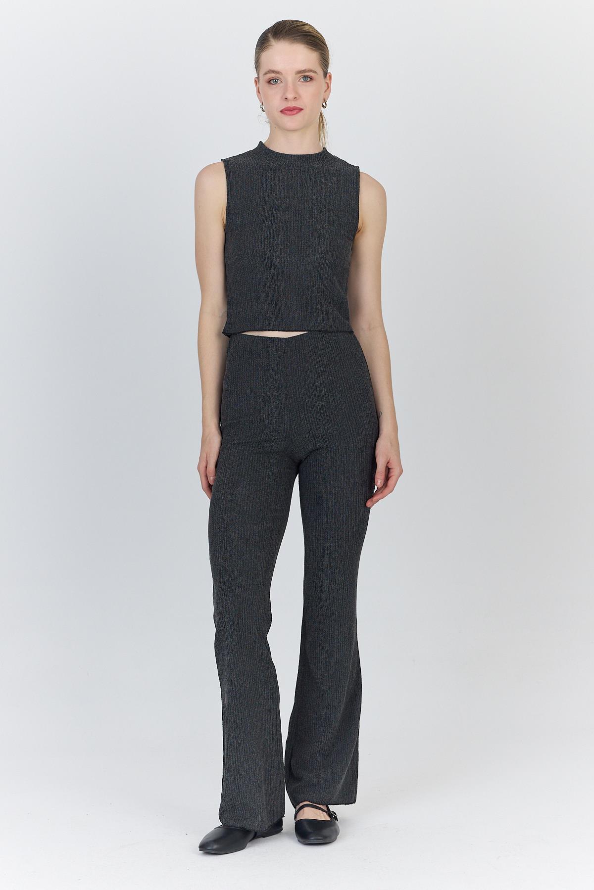 Antrasit Kolsuz Crop Üst ve İspanyol Paça Pantolon Takımı 1512 - 2