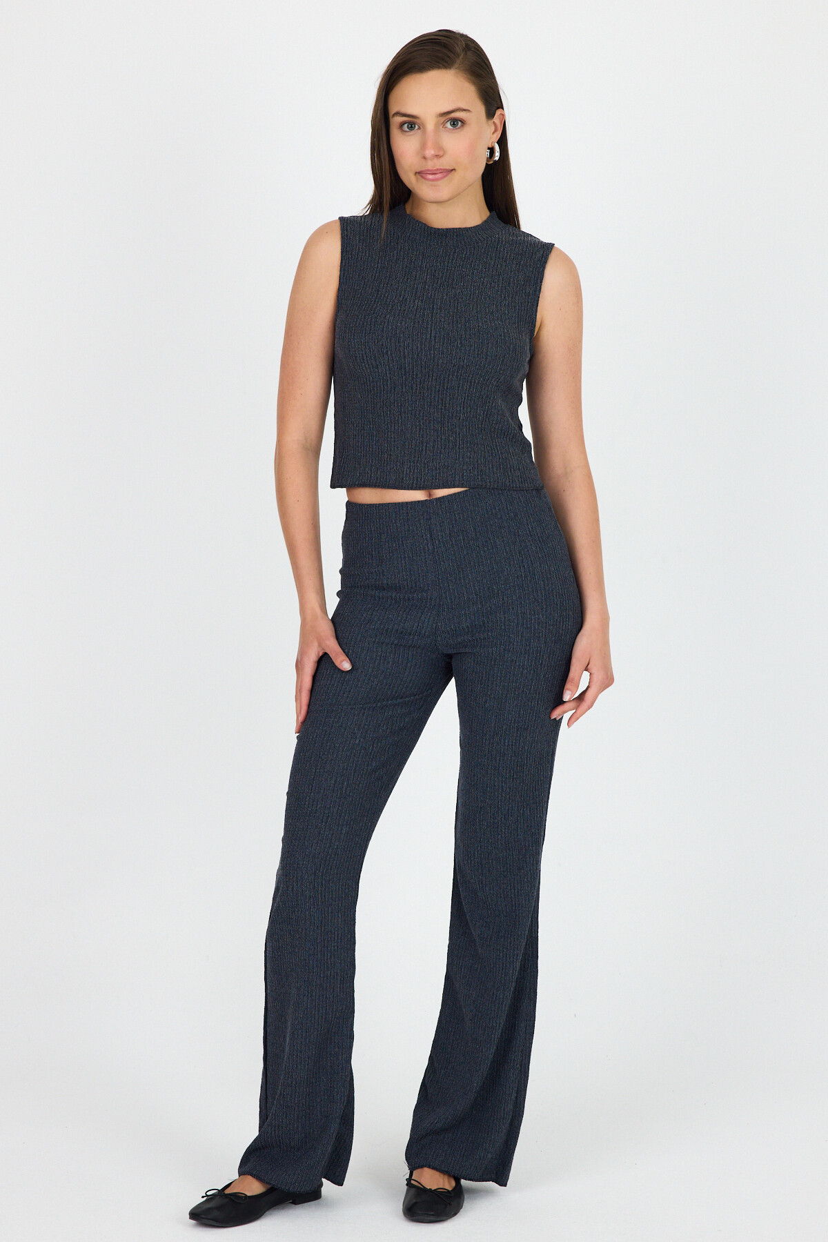 Mavi Kolsuz Crop Üst ve İspanyol Paça Pantolon Takımı 1512 - RAYS