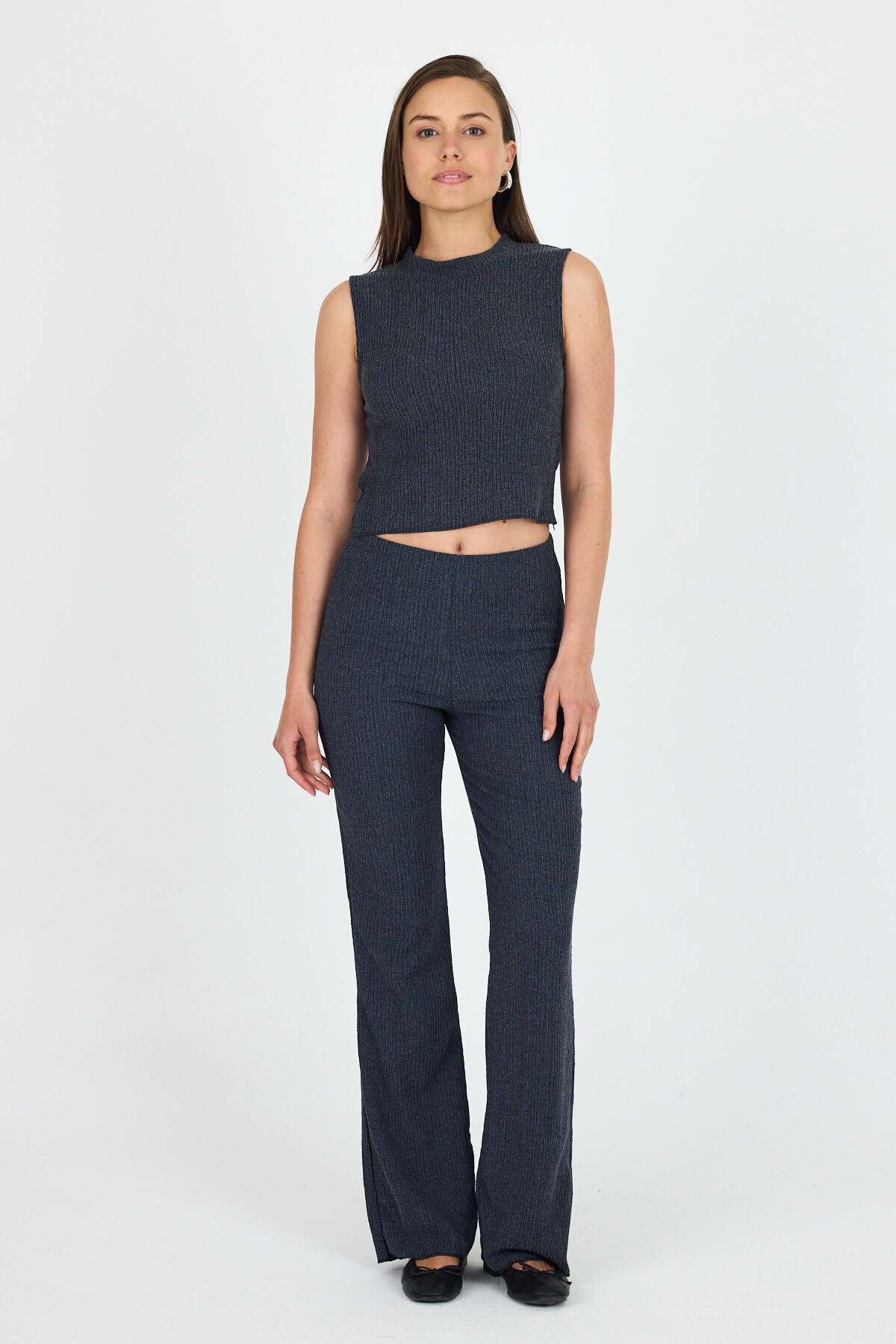 Mavi Kolsuz Crop Üst ve İspanyol Paça Pantolon Takımı 1512 - 6