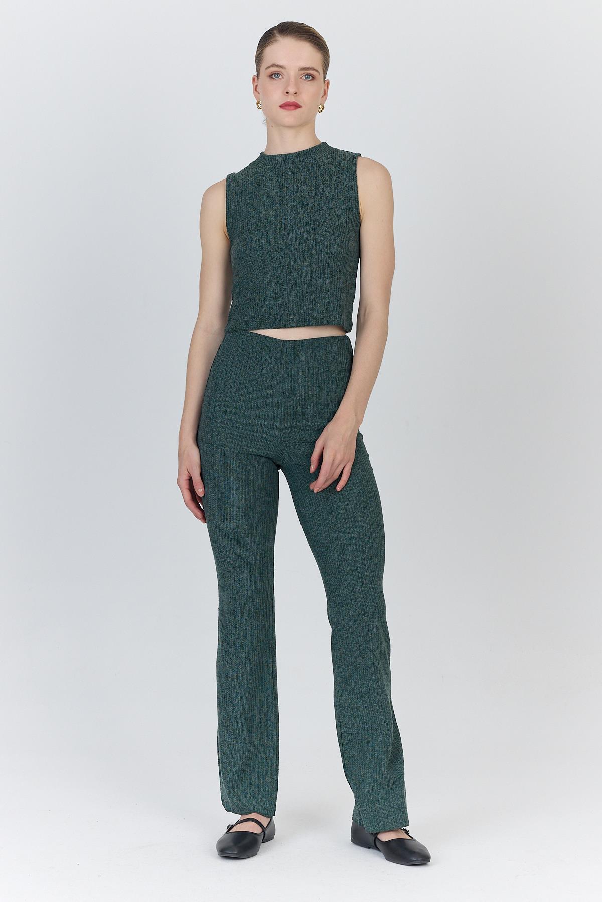 Yeşil Kolsuz Crop Üst ve İspanyol Paça Pantolon Takımı 1512 - RAYS