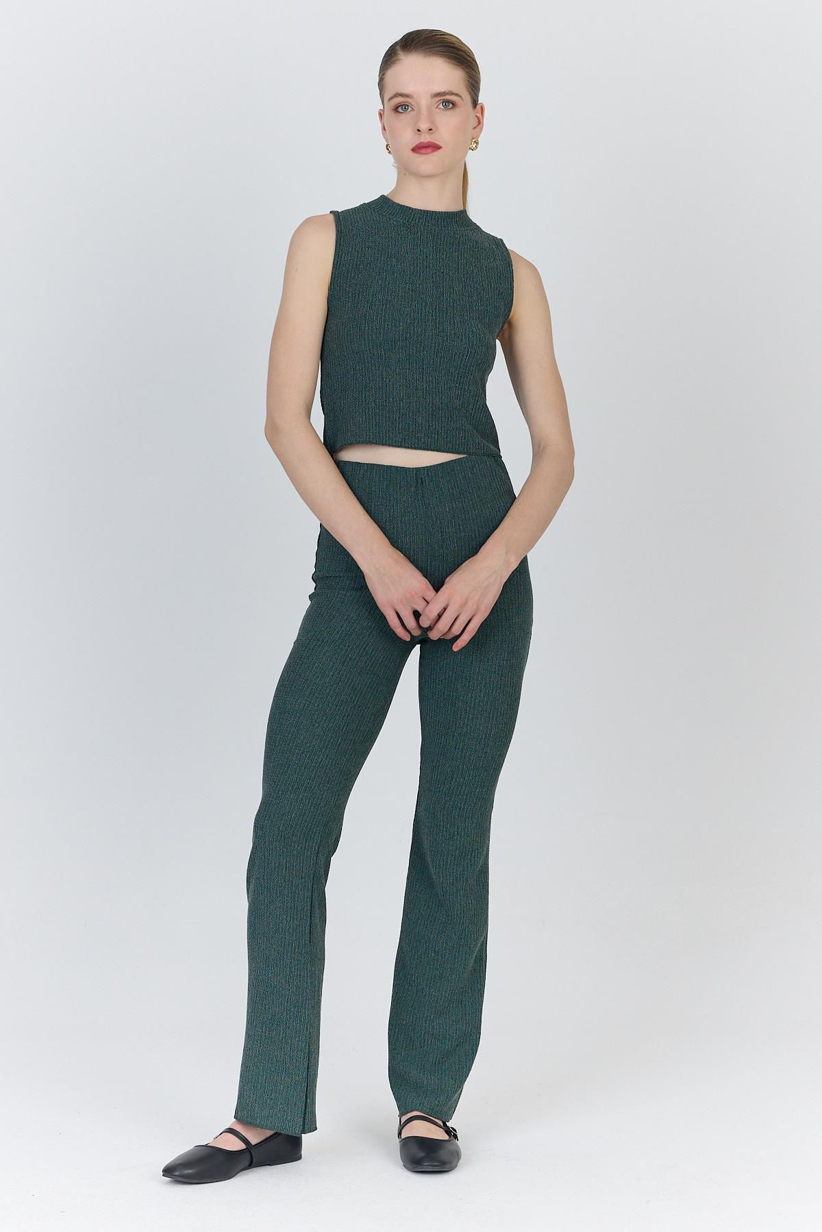 Yeşil Kolsuz Crop Üst ve İspanyol Paça Pantolon Takımı 1512 - 3