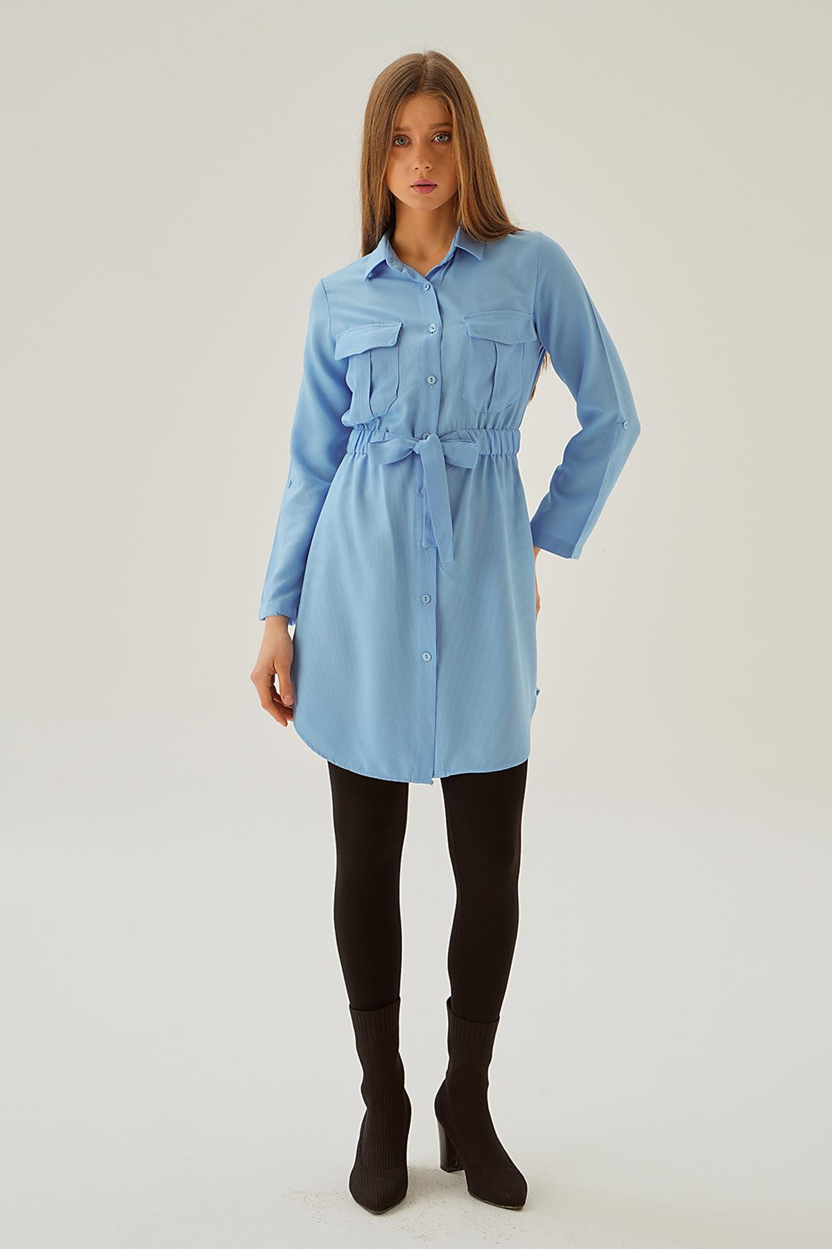 15234 Bel Lastik Detay Düğmeli Tunik Bebe Mavi - 2