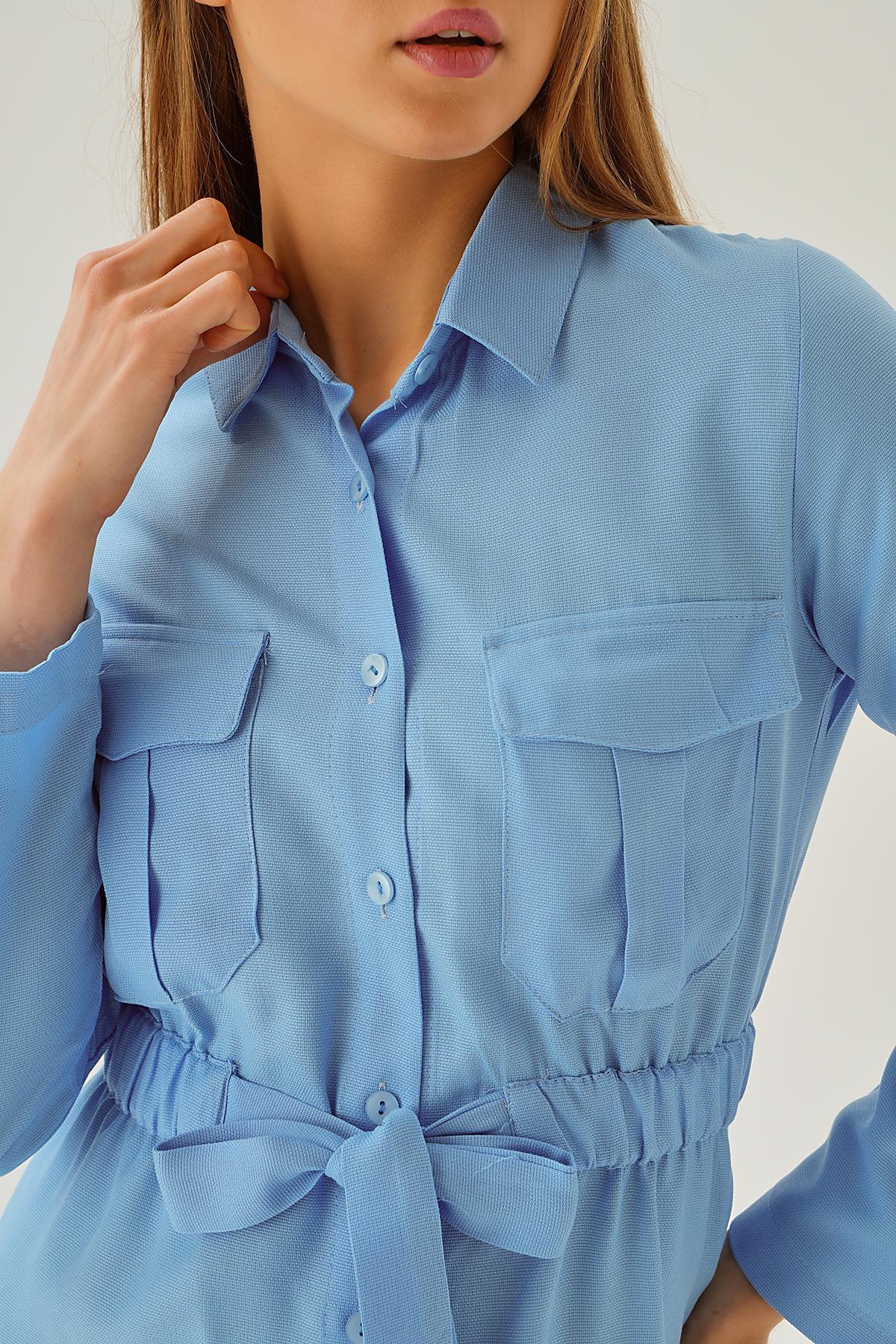 15234 Bel Lastik Detay Düğmeli Tunik Bebe Mavi - 5