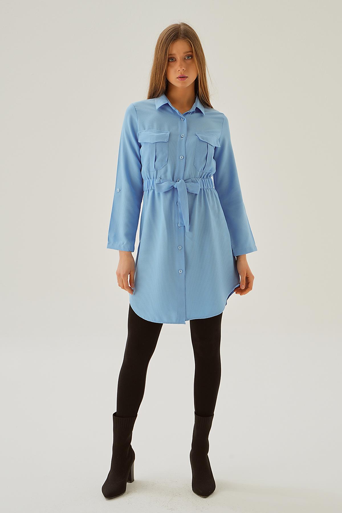 Bebe Mavi Bel Lastik Detay Düğmeli Tunik 15234 - 6