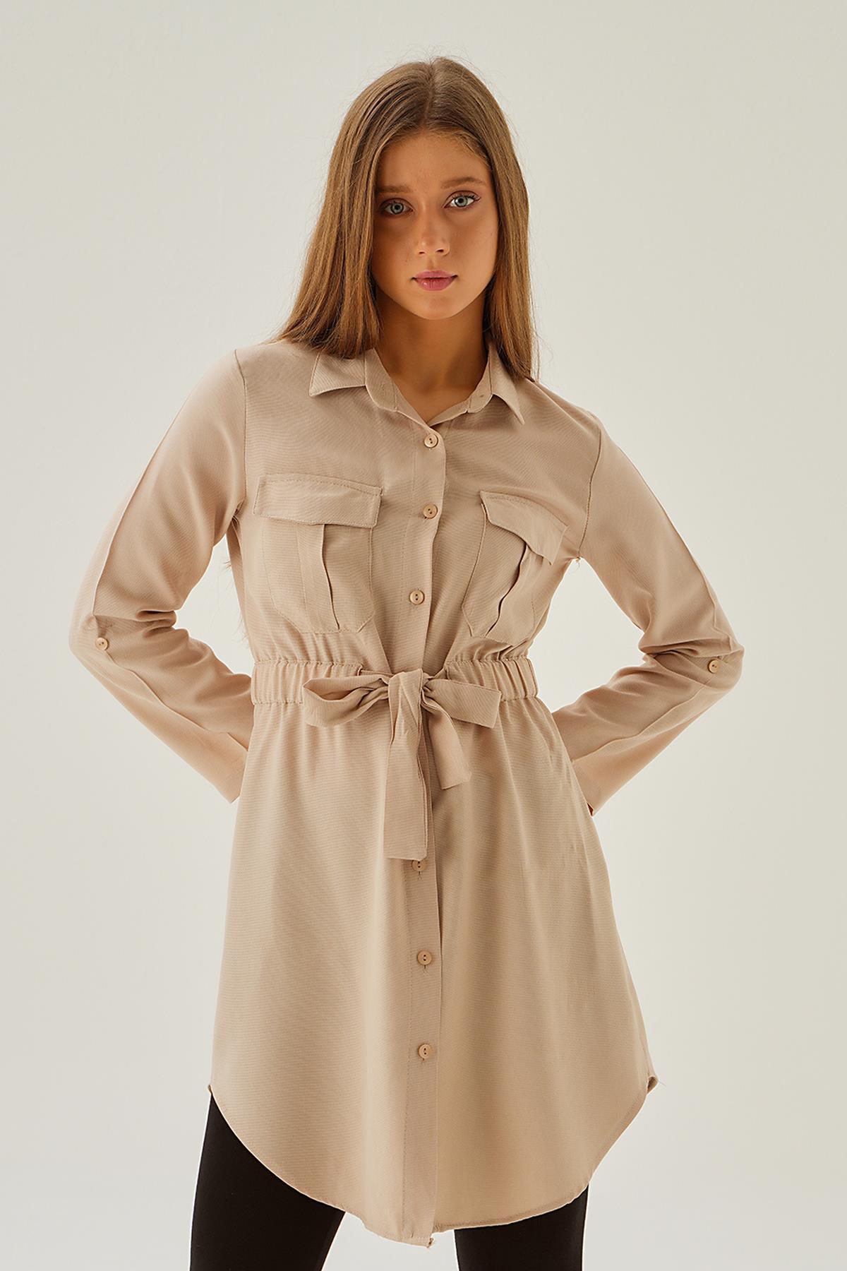 15234 Bel Lastik Detay Düğmeli Tunik Bej - 1