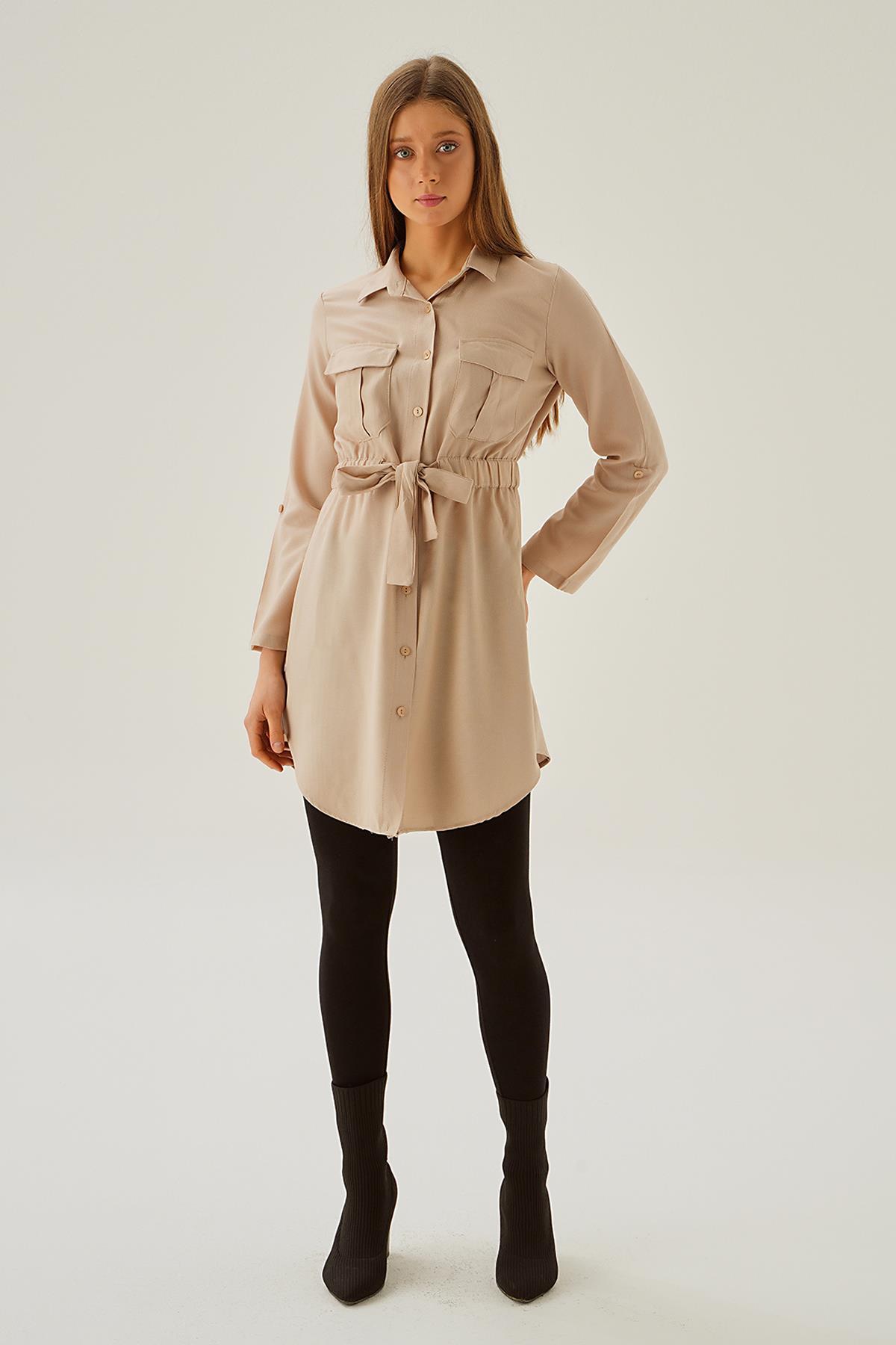 15234 Bel Lastik Detay Düğmeli Tunik Bej - 2