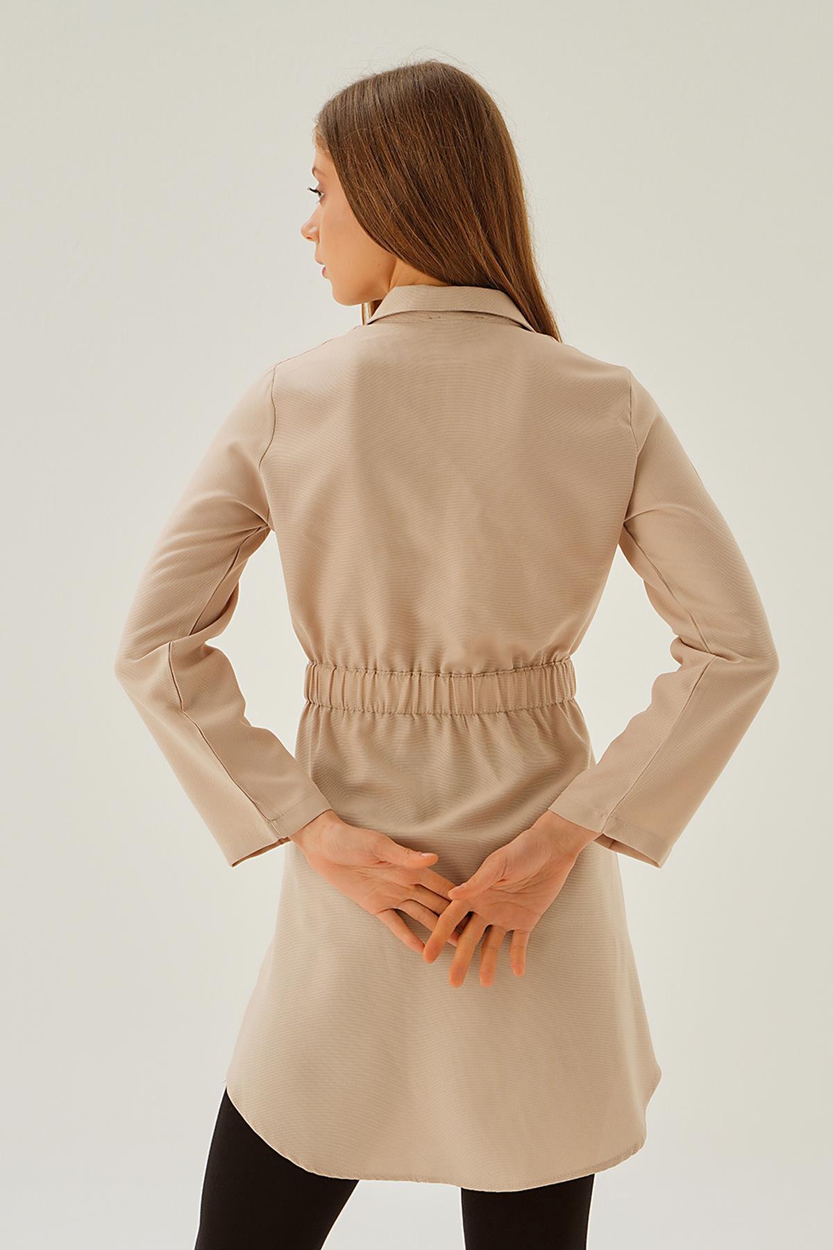15234 Bel Lastik Detay Düğmeli Tunik Bej - 4