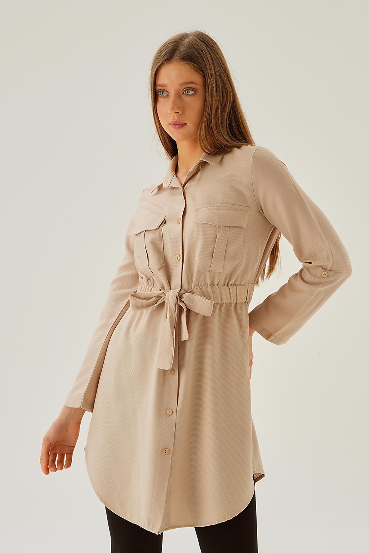 Bej Bel Lastik Detay Düğmeli Tunik 15234 - 3
