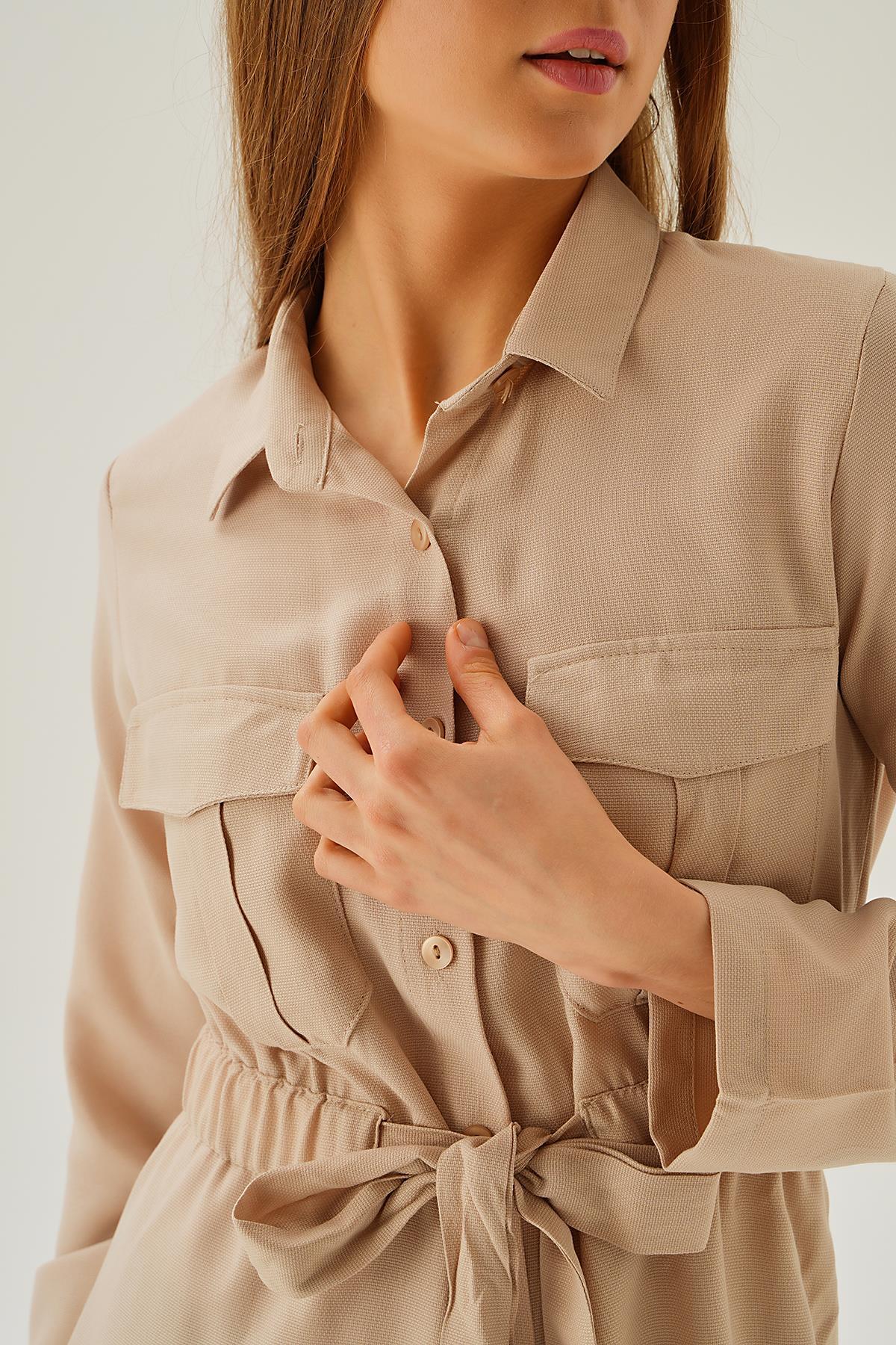 Bej Bel Lastik Detay Düğmeli Tunik 15234 - 5