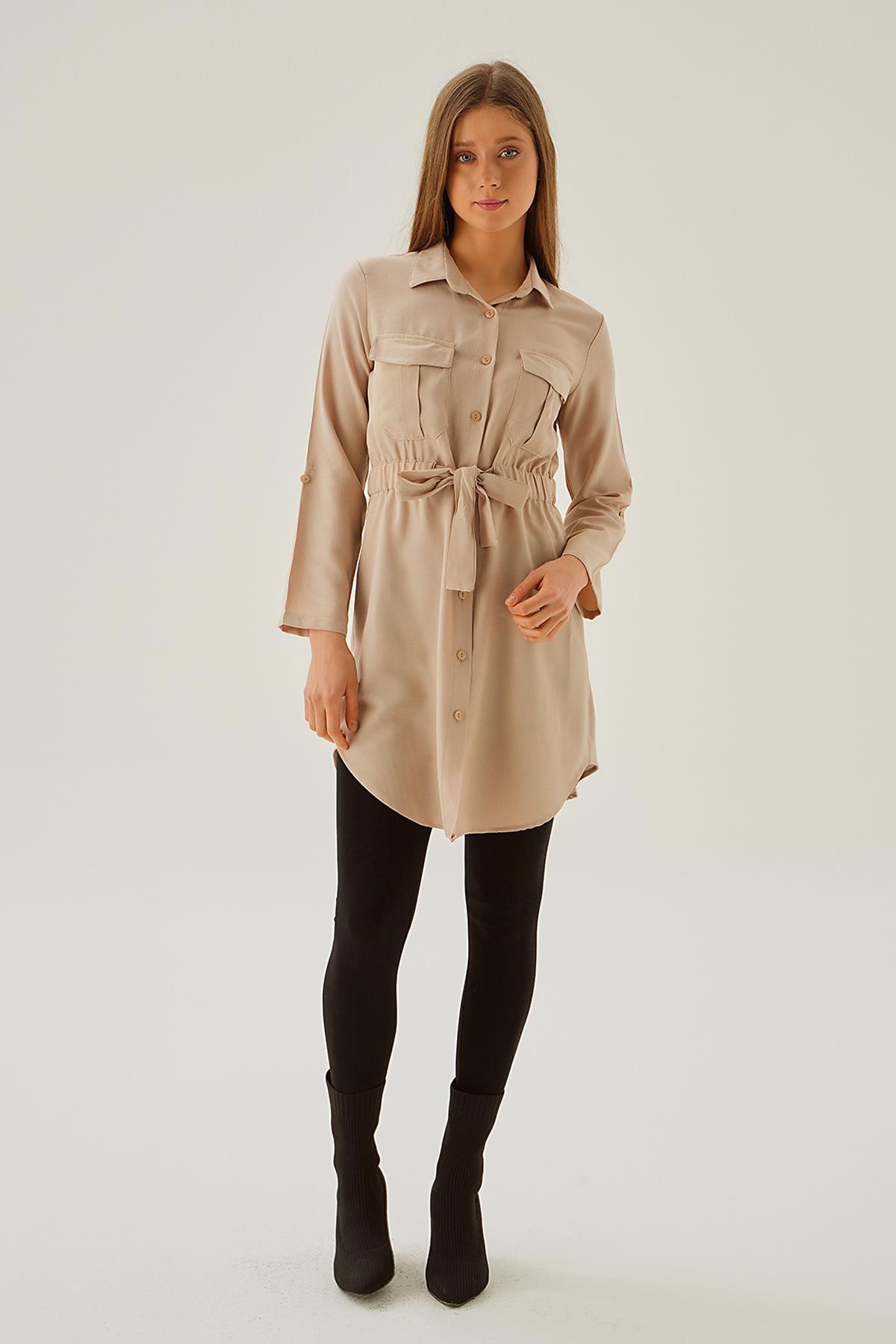 Bej Bel Lastik Detay Düğmeli Tunik 15234 - 6