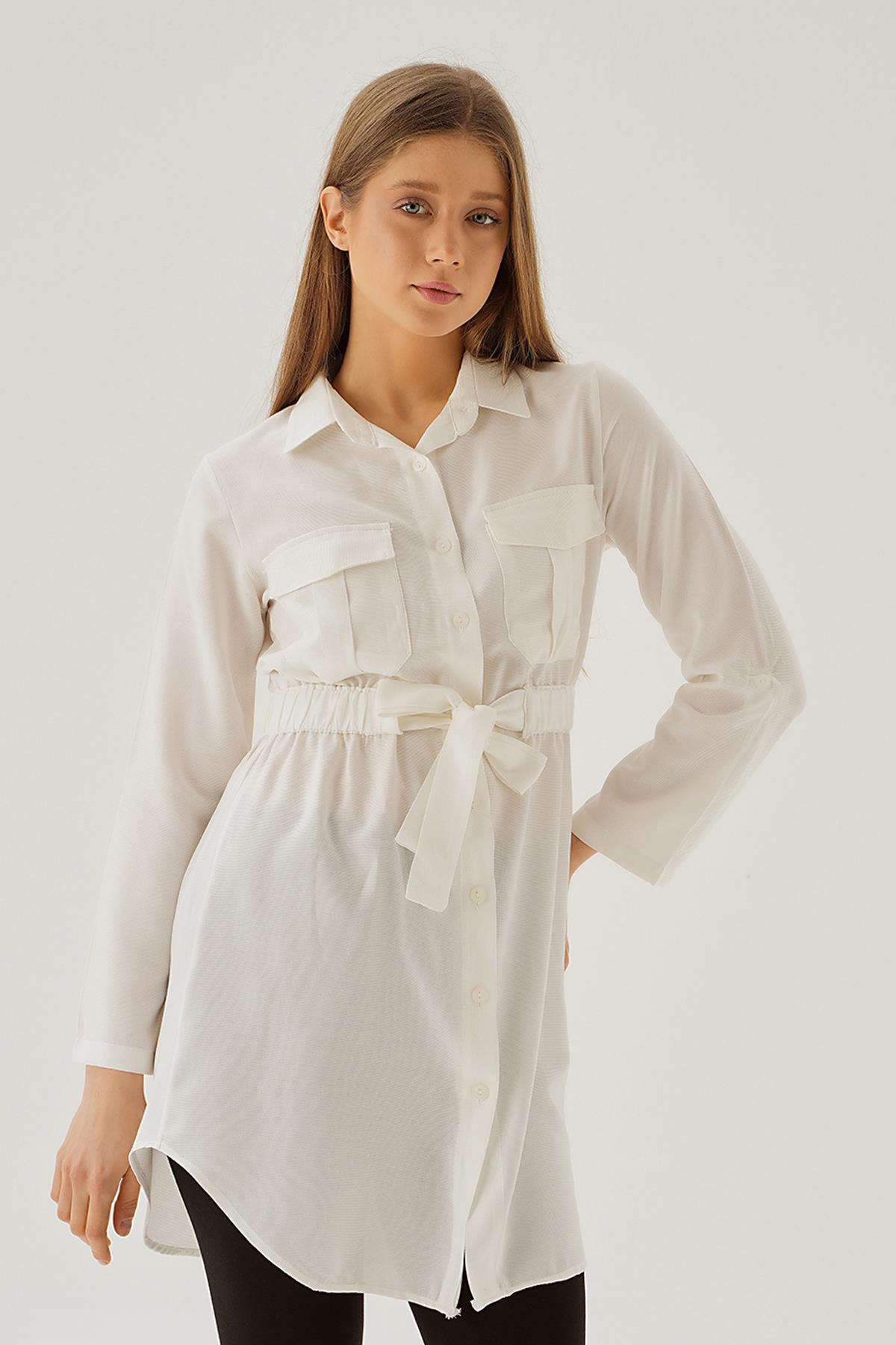 15234 Bel Lastik Detay Düğmeli Tunik Beyaz 