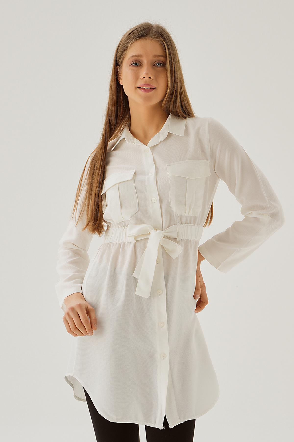 15234 Bel Lastik Detay Düğmeli Tunik Beyaz - 4