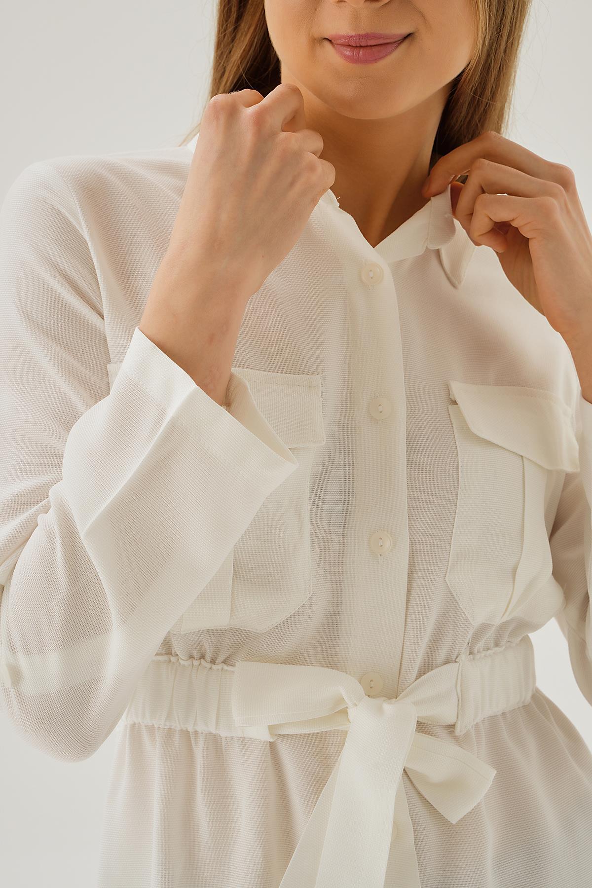 15234 Bel Lastik Detay Düğmeli Tunik Beyaz - 5