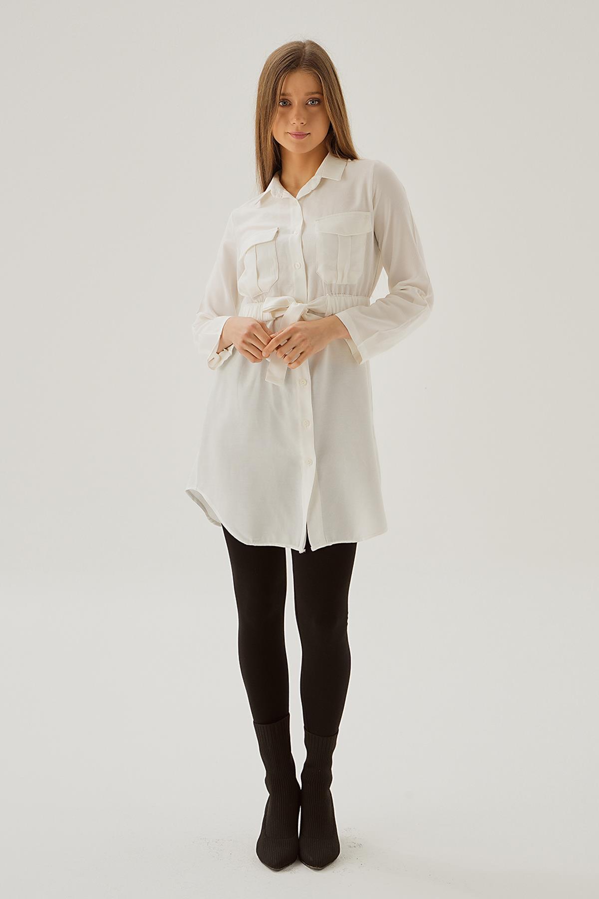 Beyaz Bel Lastik Detay Düğmeli Tunik 15234 - 2