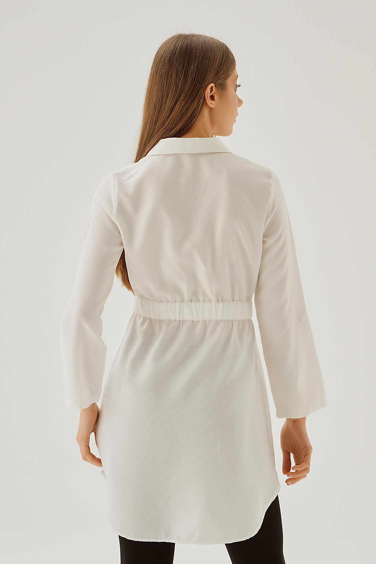 Beyaz Bel Lastik Detay Düğmeli Tunik 15234 - 3