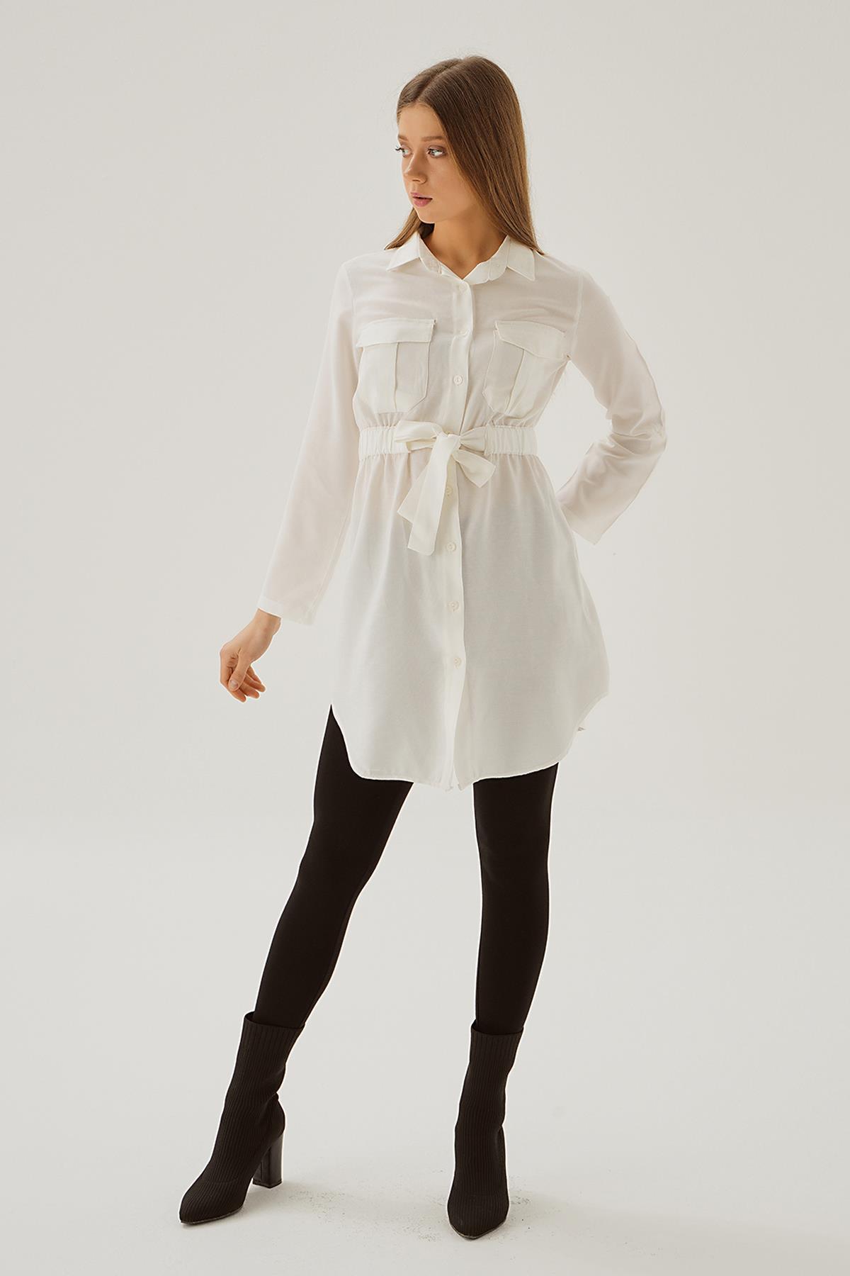 Beyaz Bel Lastik Detay Düğmeli Tunik 15234 - 6