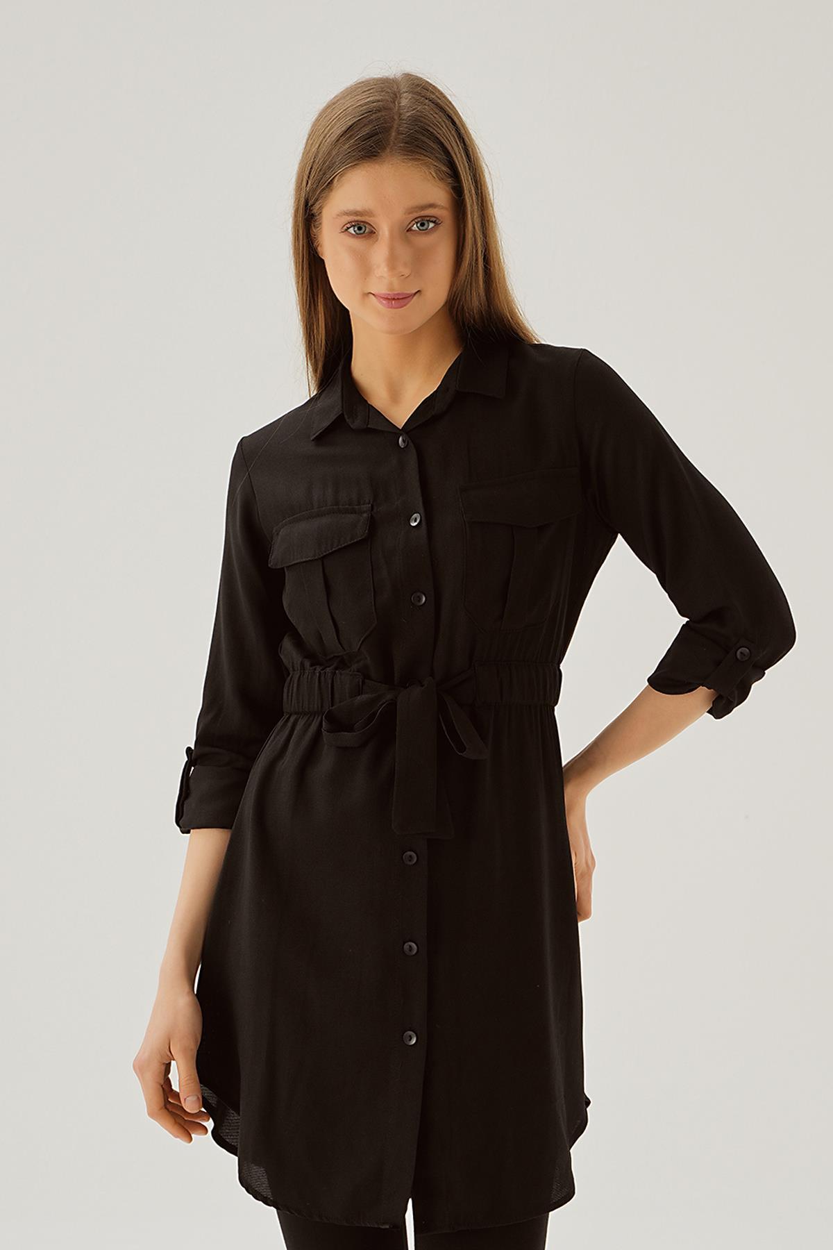 15234 Bel Lastik Detay Düğmeli Tunik Siyah - 1