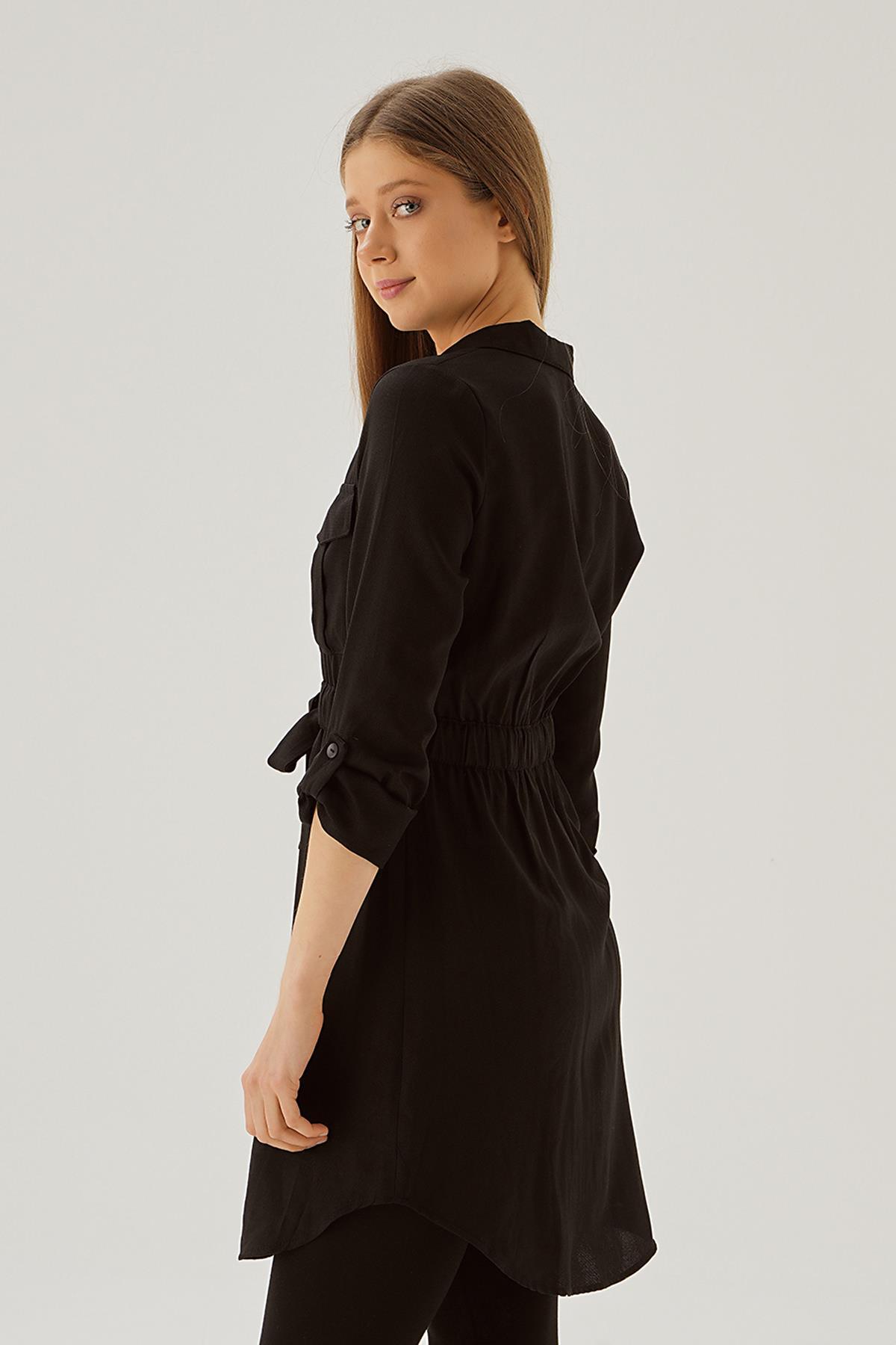 15234 Bel Lastik Detay Düğmeli Tunik Siyah - 4
