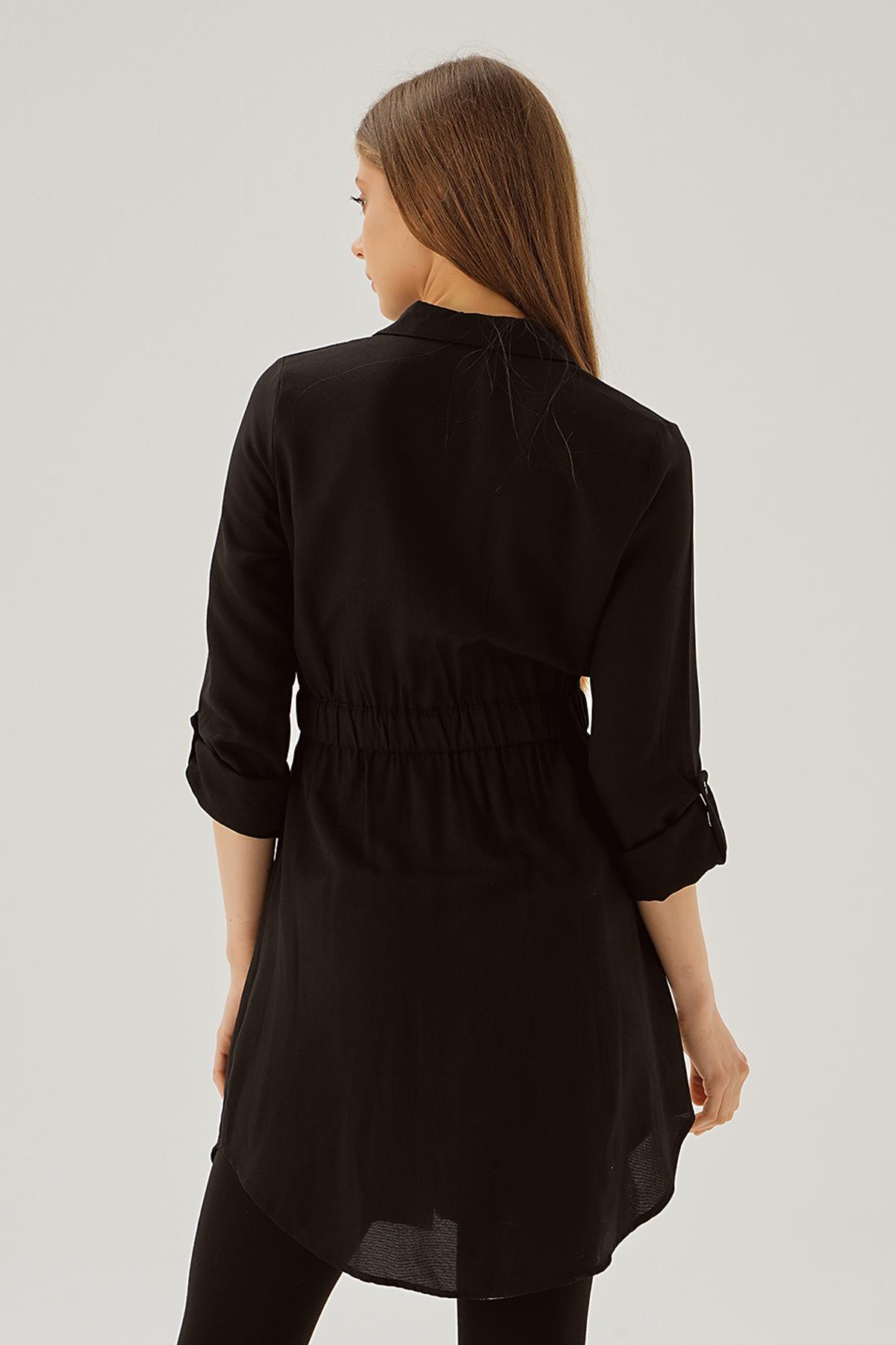 15234 Bel Lastik Detay Düğmeli Tunik Siyah - 5