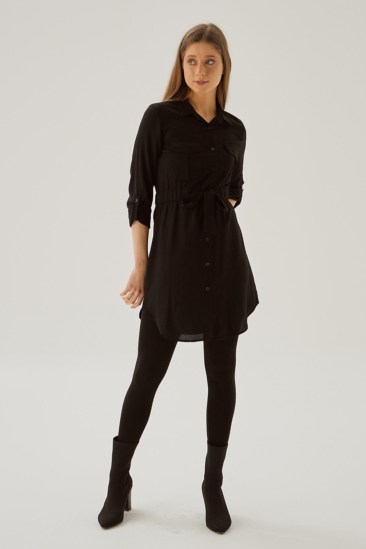 Siyah Bel Lastik Detay Düğmeli Tunik 15234 - 3