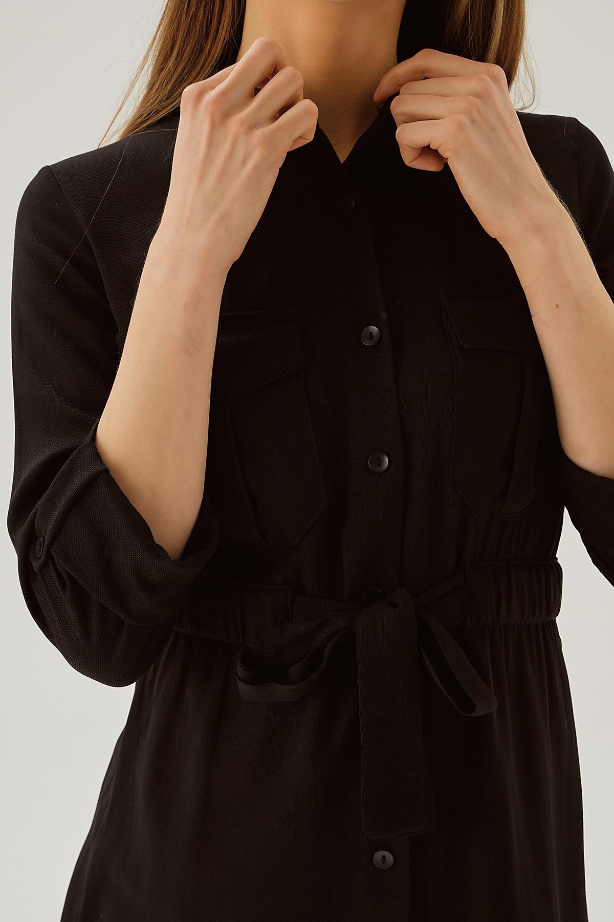Siyah Bel Lastik Detay Düğmeli Tunik 15234 - 6
