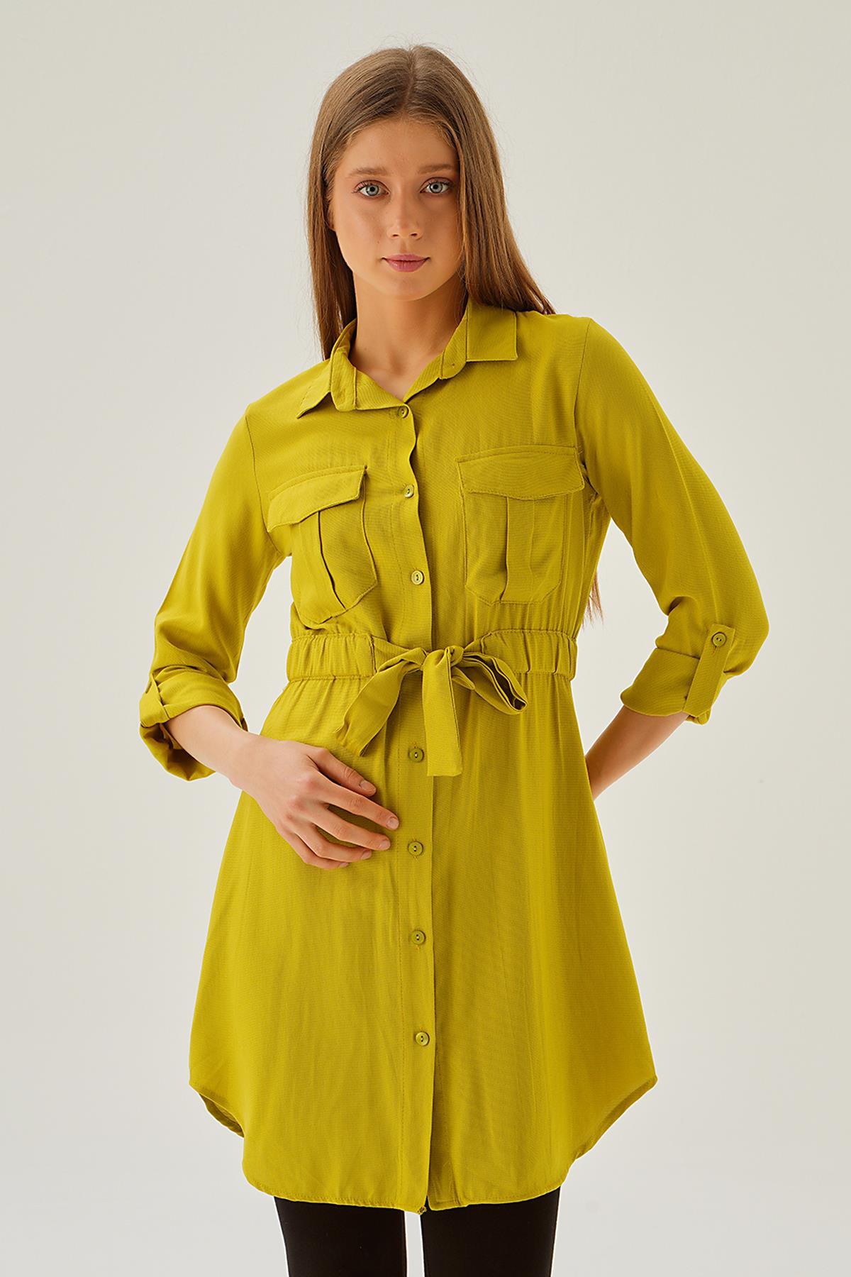 15234 Bel Lastik Detay Düğmeli Tunik Yağ Yeşili - 4