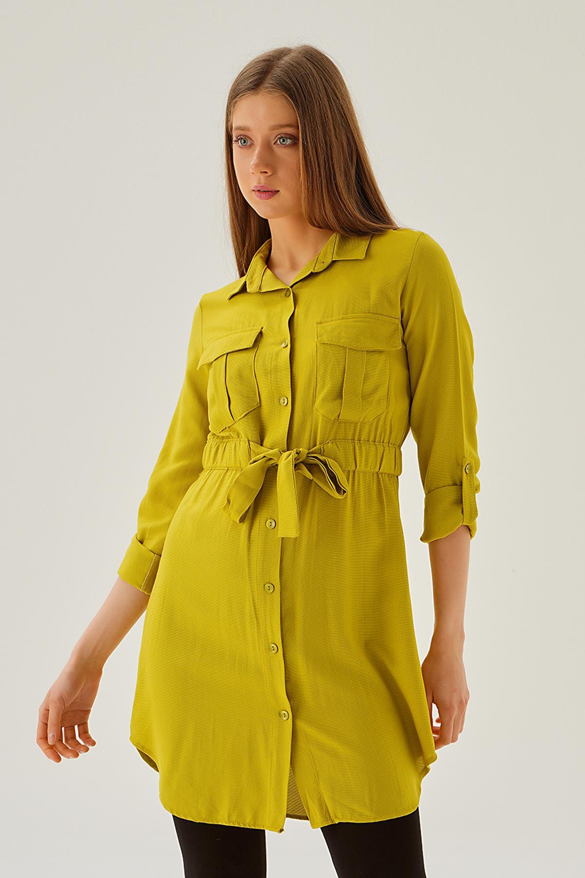 15234 Bel Lastik Detay Düğmeli Tunik Yağ Yeşili - 2