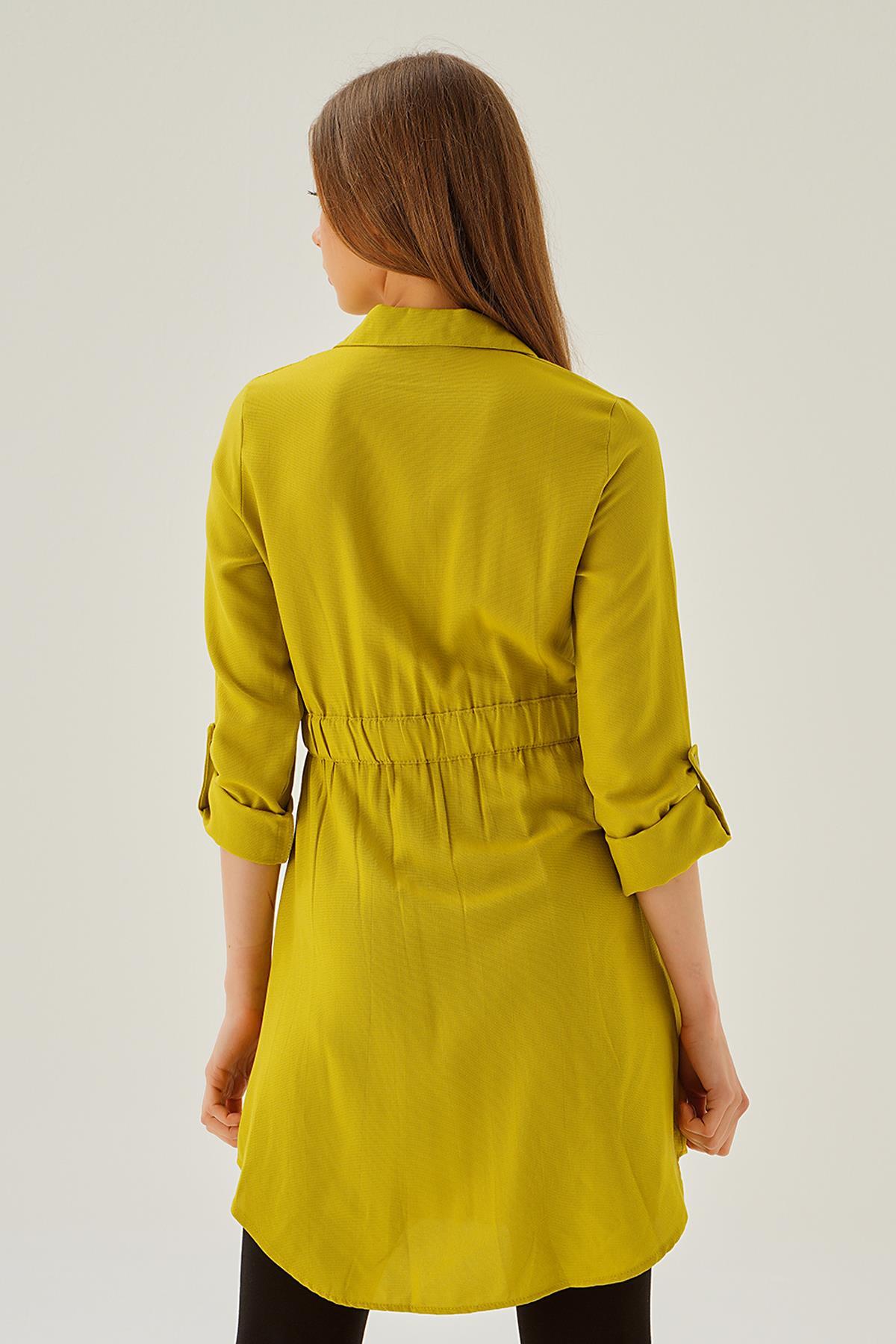 15234 Bel Lastik Detay Düğmeli Tunik Yağ Yeşili - 3