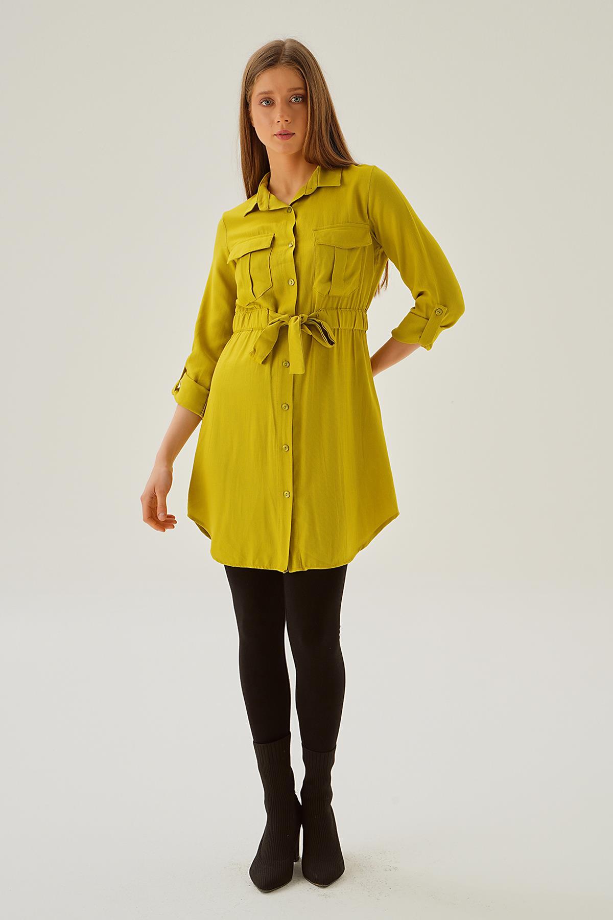 Yağ Yeşili Bel Lastik Detay Düğmeli Tunik 15234 