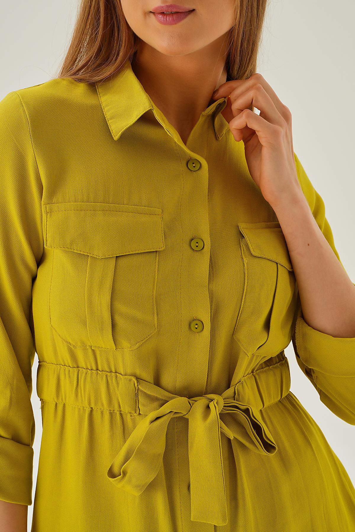 Yağ Yeşili Bel Lastik Detay Düğmeli Tunik 15234 - 5