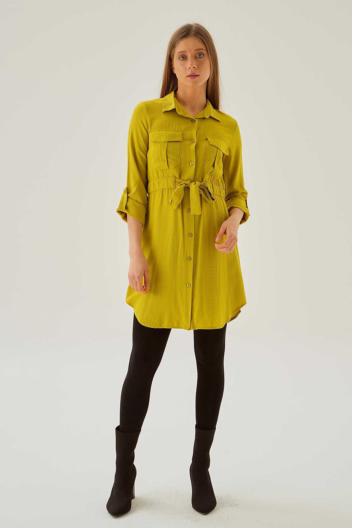 Yağ Yeşili Bel Lastik Detay Düğmeli Tunik 15234 - 6