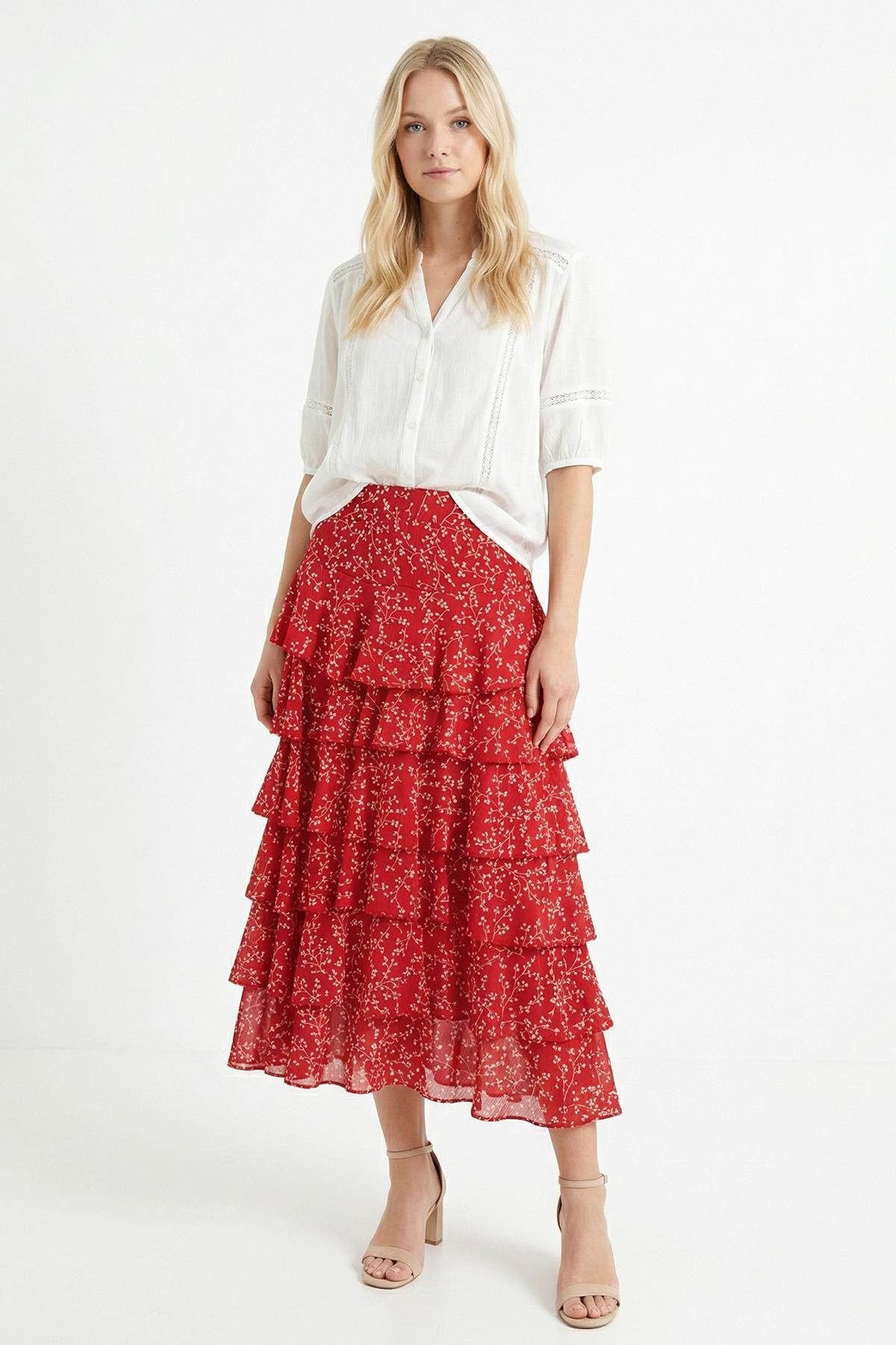 Çiçek-Kırmızı Desenli Kat Kat Etek 154 - 1