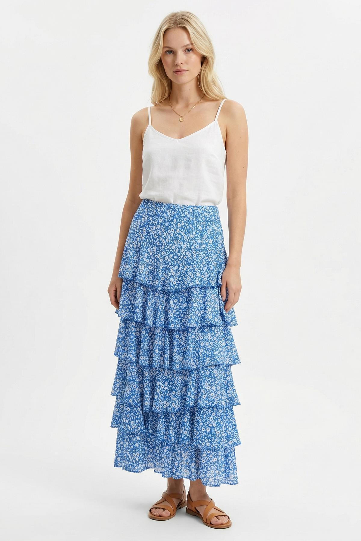 Çiçek-Mavi Desenli Kat Kat Etek 154 - 1