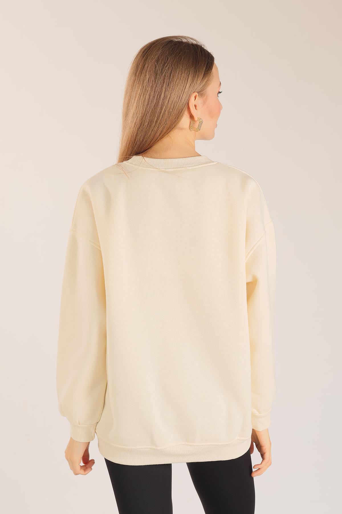 Bej Göz Nakışlı Oversize Sweat 1543 - 5