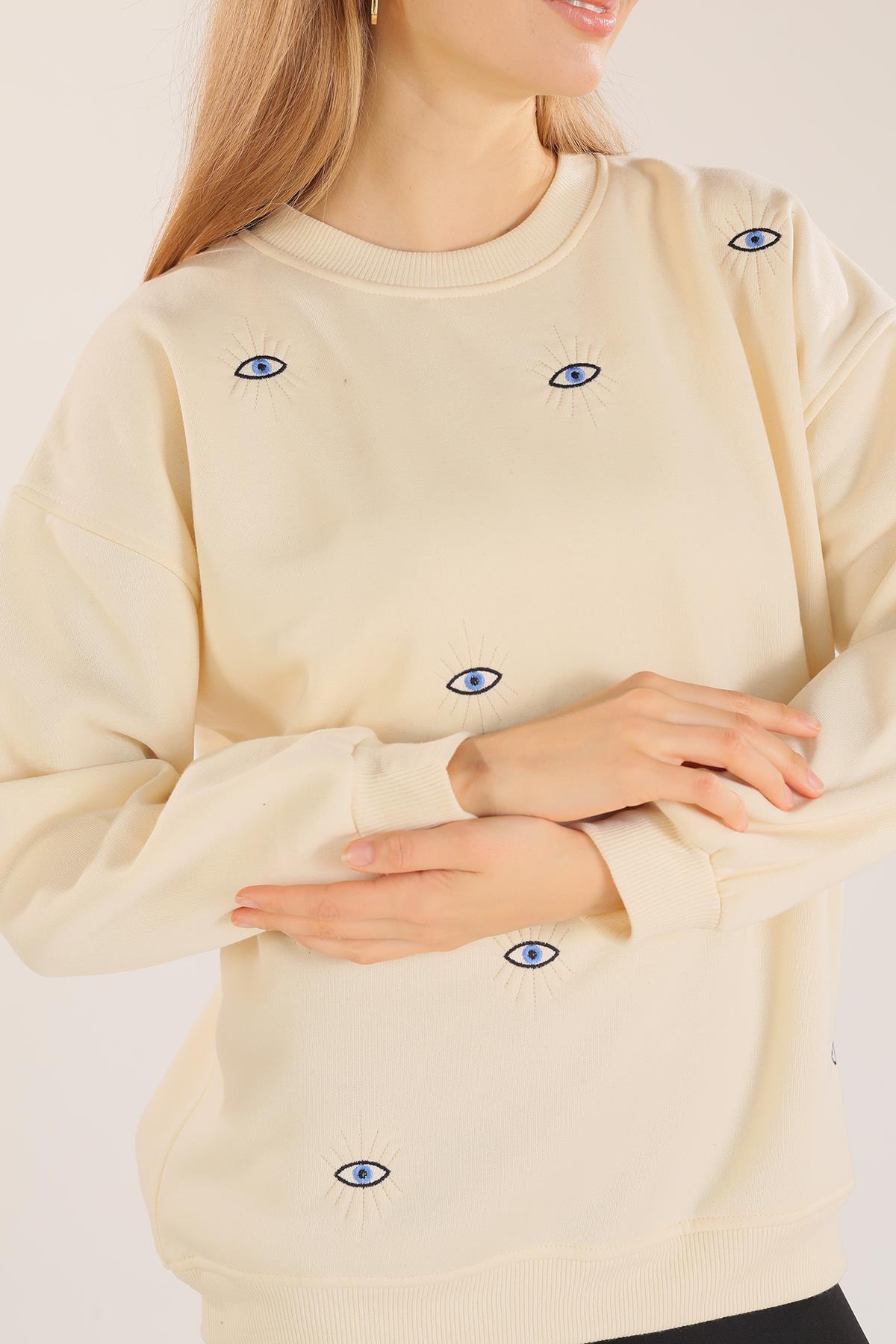 1543 Göz Nakışlı Oversize Sweat Bej - 3
