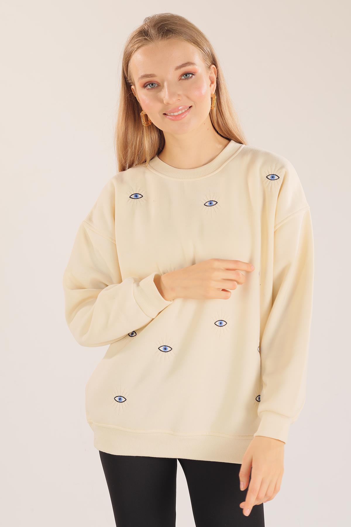 1543 Göz Nakışlı Oversize Sweat Bej 