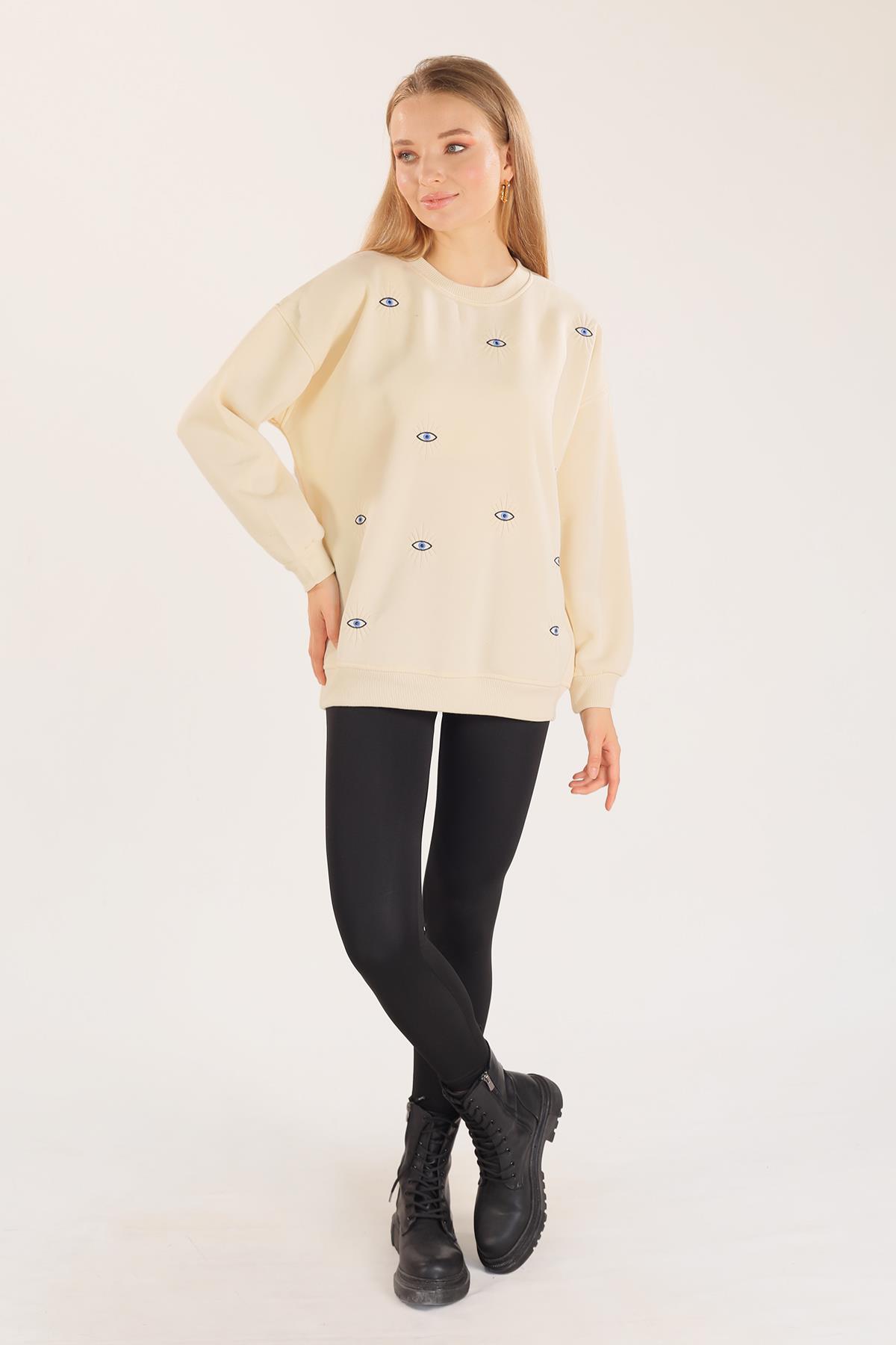 1543 Göz Nakışlı Oversize Sweat Bej - 2