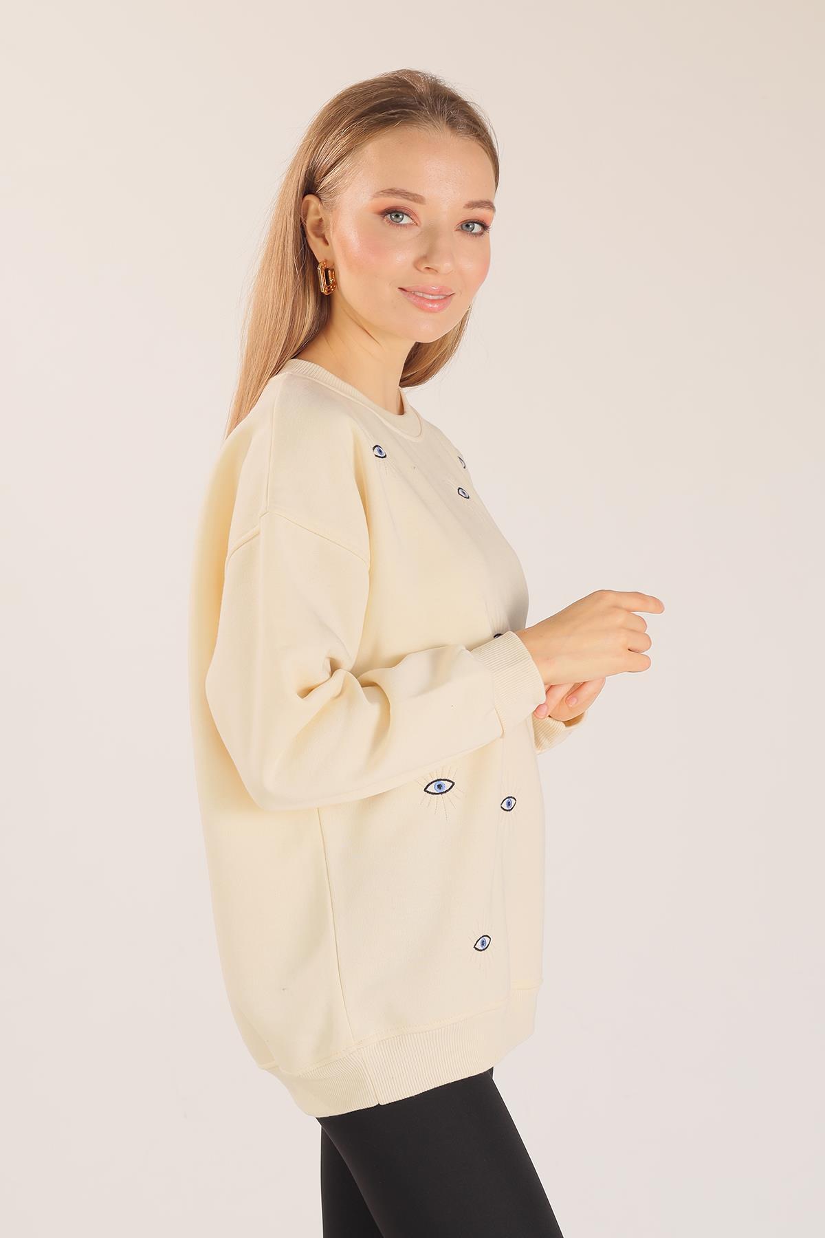 1543 Göz Nakışlı Oversize Sweat Bej - 4