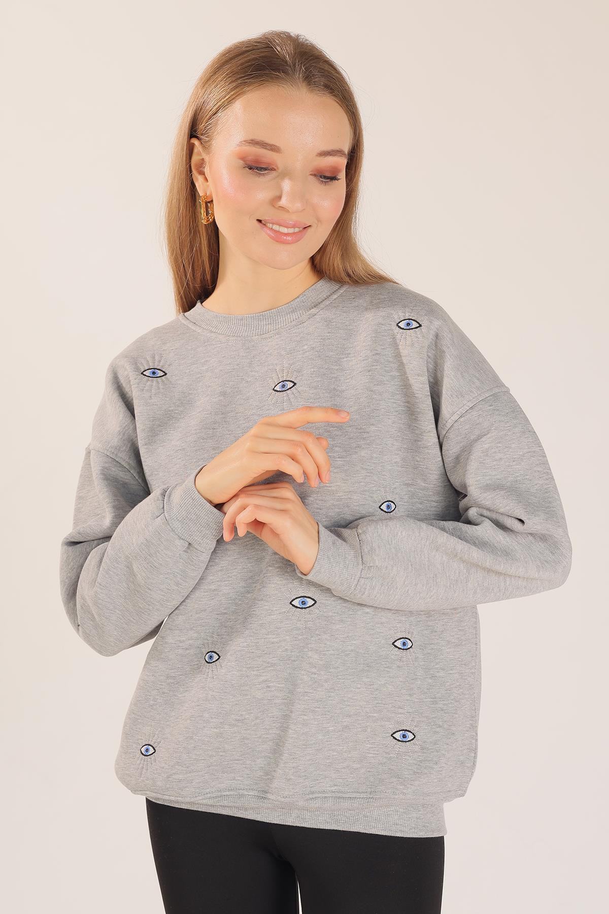 Gri Göz Nakışlı Oversize Sweat 1543 