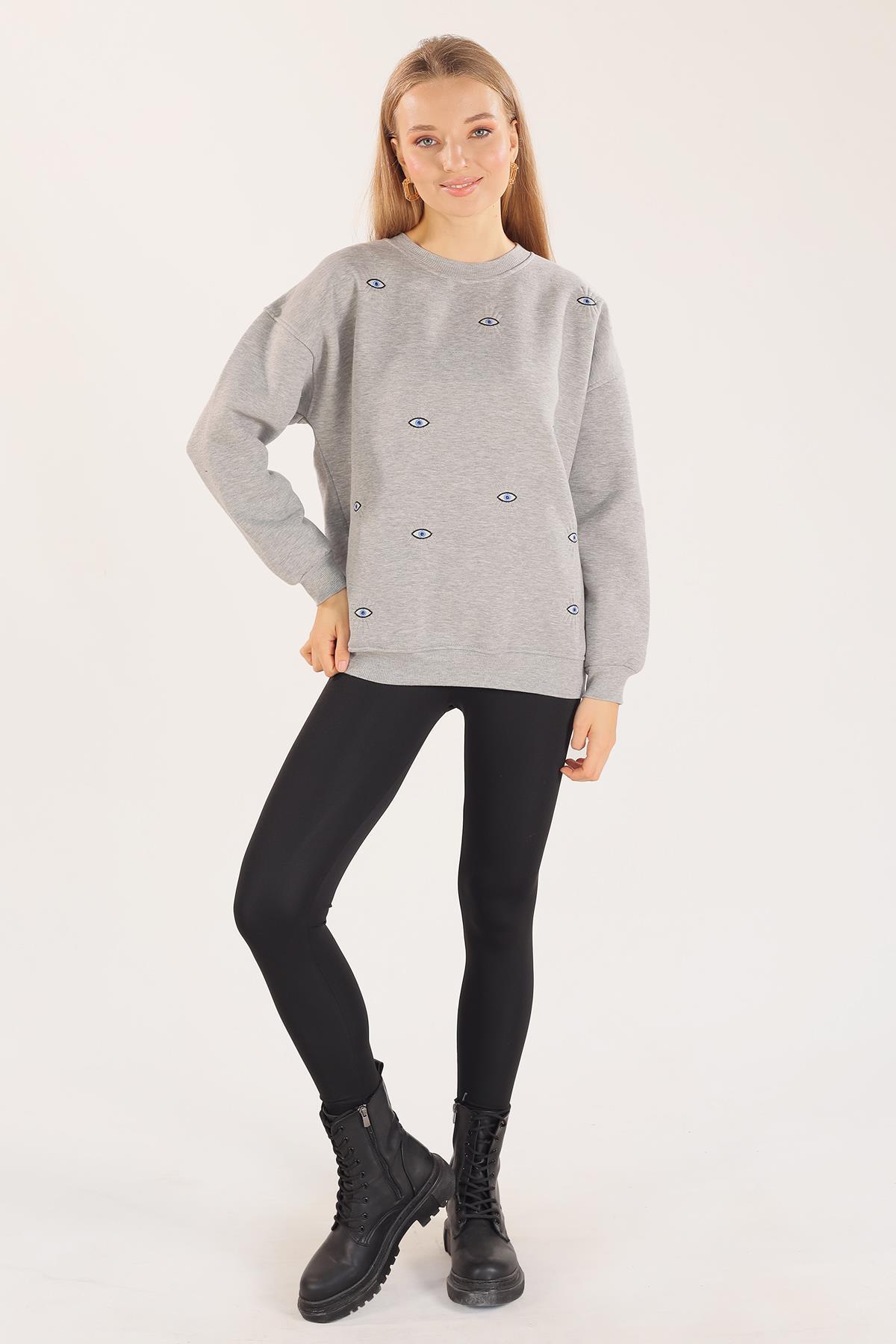 Gri Göz Nakışlı Oversize Sweat 1543 - 2