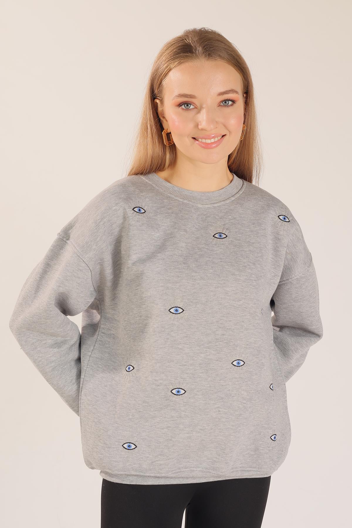 Gri Göz Nakışlı Oversize Sweat 1543 - 4