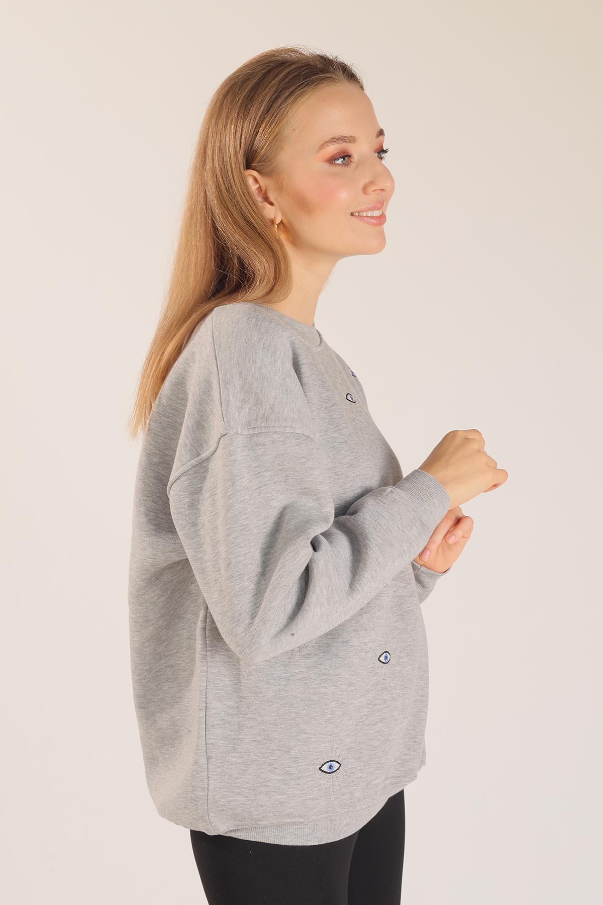 Gri Göz Nakışlı Oversize Sweat 1543 - 5