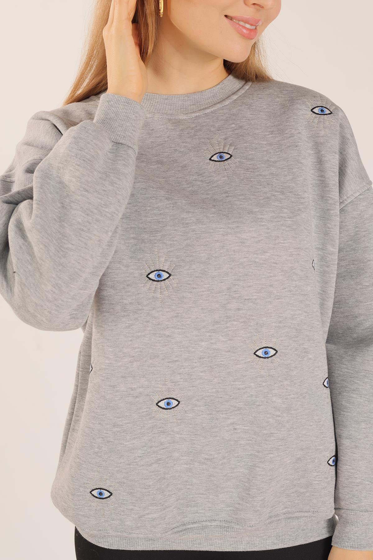 Gri Göz Nakışlı Oversize Sweat 1543 - 6